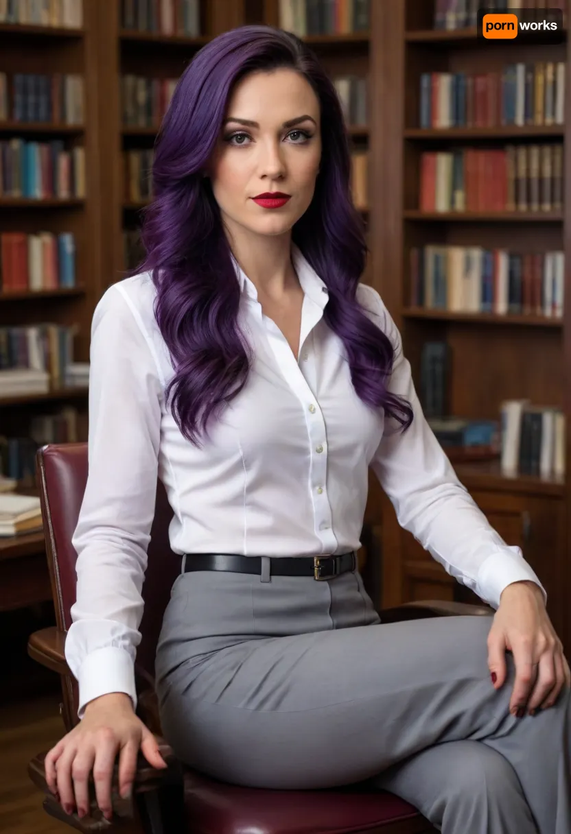 Mrs. Jones, bitchy principal, white button-up shirt, gray pants, sitting in a dark wooden chair behind a wooden desk, (long straight deep-purple/indigo hair), serious expression, tanned skin, red lipstick, (angular features), professional/academic setting, well-lit office, bookshelves filled with various books, natural light, plant in the background, exaggerated features