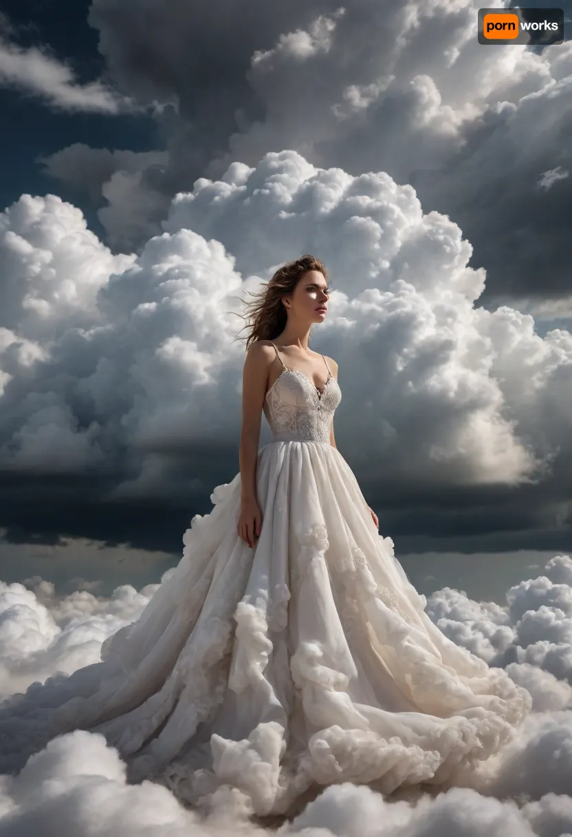 woman, clouds, full, body, white, dress, cloud, long, puffy, stormy, sleep