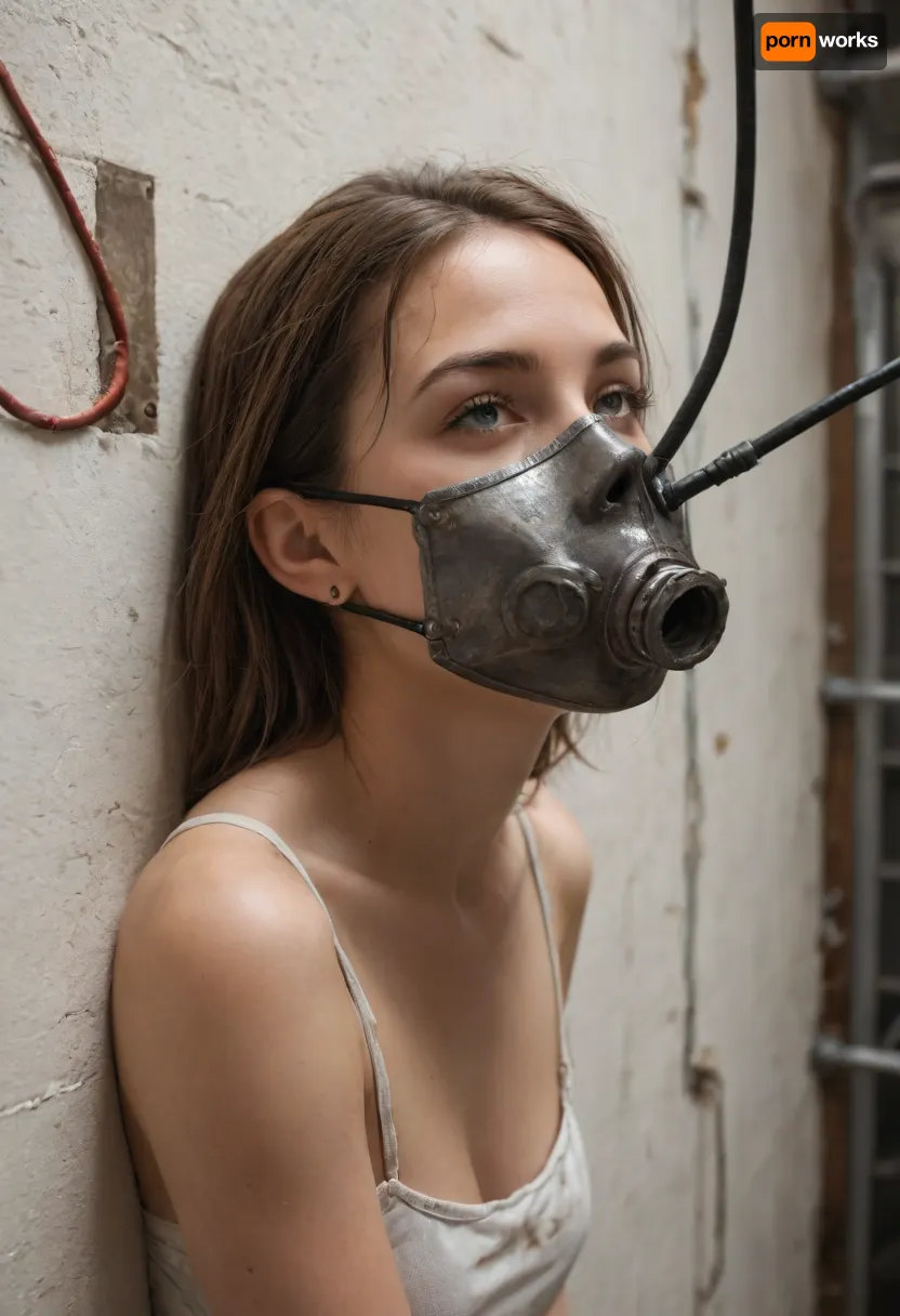 The image is a photograph of a large, industrial-looking mask hanging on a wall. The mask is made of metal and appears to be made of a shiny, metallic material. It has a large eye hole in the center and two large pipes on either side of the eye hole. The pipes are connected to the mask with wires and cables, and there is a small tube attached to the bottom of the mask. The background of the painting is a textured, orange-brown color, and the overall appearance is rustic and industrial. The painting is displayed on a white wall with a wooden floor.