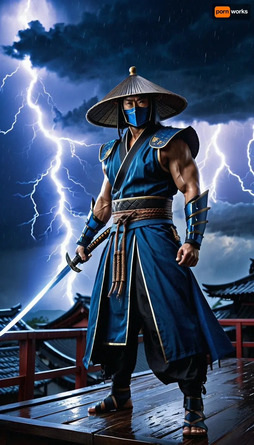 (masterpiece, best quality, highly detailed, photorealistic:1.2), an ancient warrior, Raiden from Mortal Kombat, powerful, standing on a traditional Japanese rooftop, full body shot, (dramatic lighting:1.1), (heavy rain, stormy weather:1.2), (intense lightning bolts:1.3), striking across the dark sky, dynamic pose, looking directly at viewer, wearing a wide-brimmed conical straw hat, ((blue detailed ninja mask:1.1)), intricate blue and dark monk robes, ornate metallic armor details on chest and arms, strong muscular build, holding a katana sword in hand, (((glowing blue energy in left hand:1.2))), atmospheric perspective, mystical glowing effect, distant traditional Japanese buildings with warm lights below, volumetric lighting, godrays, depth of field, sharp focus, cinematic, hyperrealistic