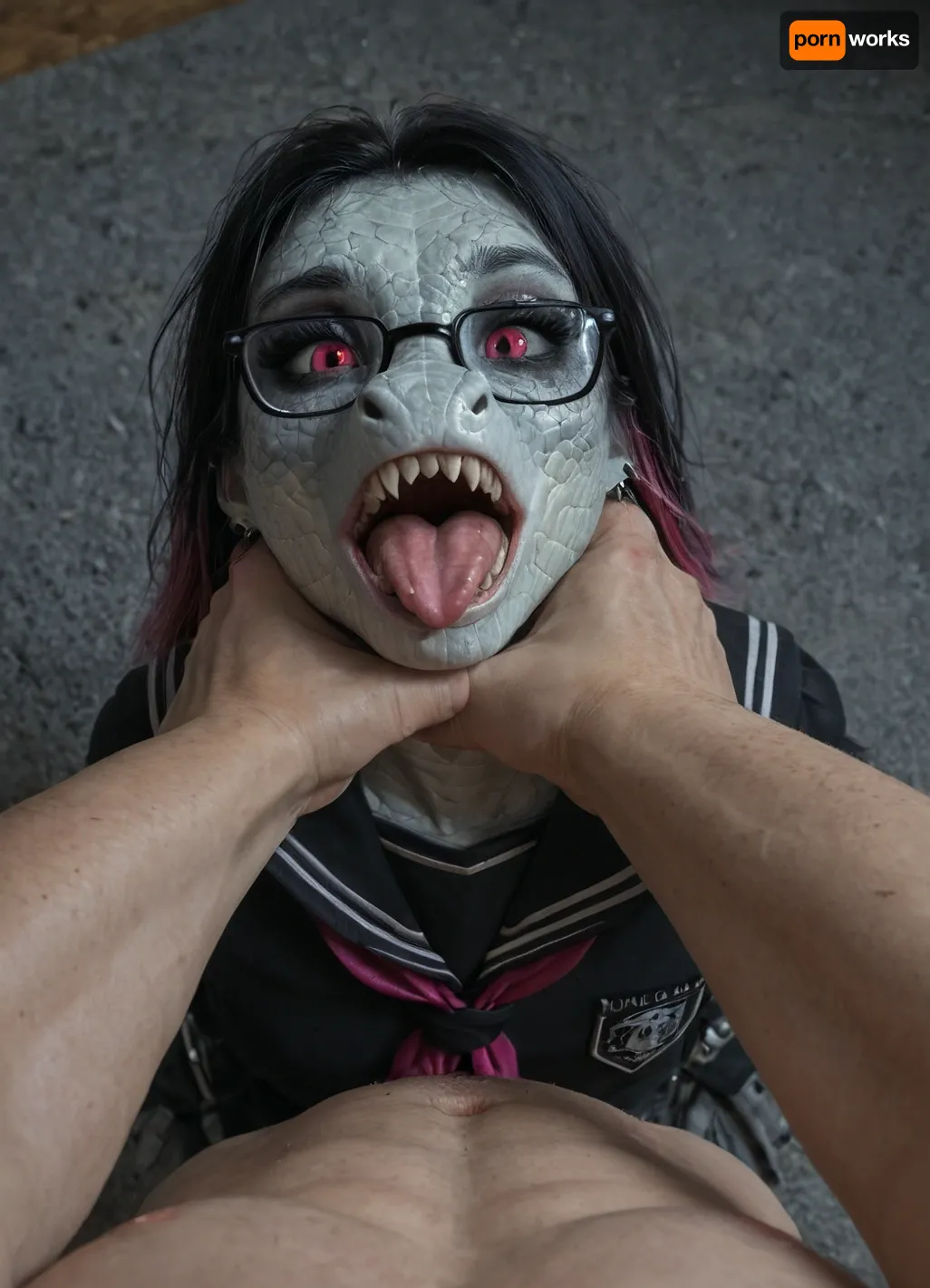 ((skinny goth woman), (petite mean aggressive scaly pink gothic anthro dragon woman:1.2982), (dominating a human male), becoming sex crazed), (sexy glasses), (wearing a white and blue very tight school uniform:1.2), (detailed dragon scale texture), exposed medium firm tits, ((choking a man)), (sexy body), (scaly sharp dragon claws), <lora:SG2:.8>, doggystyle, from, behind, human, on, anthro, feral, <lora:SDXL_Human_Male_Furry_Female:.8>