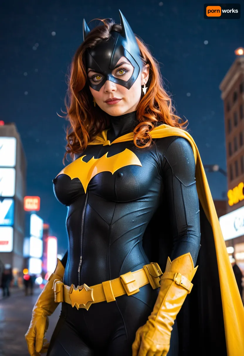 This is a digitally created, photorealistic CGI image featuring a Batgirl, she has light skin, auburn hair, and is wearing a black Batman mask with pointed ears and yellow eyes. Her breasts are medium-sized with pink nipples, and she is covering her genitals with her right hand, which is clad in a bright yellow glove. She also wears a yellow Batman-style cape that falled over her shoulders and back, and a yellow utility belt with a jagged design around her waist. The background is a night sky with a large, stylized yellow Batman logo prominently displayed behind her. Silhouettes of city buildings and a tall antenna are visible in the distance. The overall composition combines elements of superhero imagery with a provocative, adult twist, emphasizing the contrast between the costume elements and the nudity of the subject.