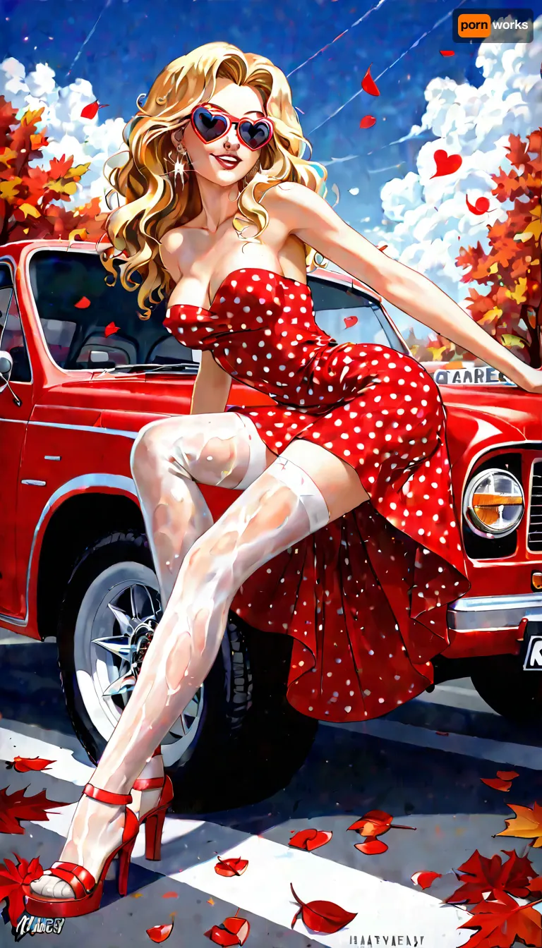 The focus is on a glamorous young woman with long, wavy blonde hair, posed in a seductive manner in front of a classic red pickup truck. She is wearing a short, polka-dot, strapless dress, and red high-heeled sandals with intricate straps. Her left leg is bent at the knee, with her foot resting on the ground, while her right leg is extended, lightly touching the truck's front bumper.big tits, neckline, stockings, Her hands are placed on her hips, and her gaze is confidently directed towards the viewer. A vintage red pickup truck, possibly a 1940s or 1950s Chevrolet, is parked on asphalt that is partially covered with bright red leaves and petals. The truck features chrome-plated details, including the grille, bumper, and headlight trim. A yellow license plate with writing is visible on the front of the truck. The background is a rich, vibrant red color, with trees adorned with bright red foliage, creating an autumnal or decorative theme. Many small red hearts on the ground and in the air enhance the romantic and festive atmosphere. The overall scene is filled with shades of red, creating a festive and passionate mood., circle, dress