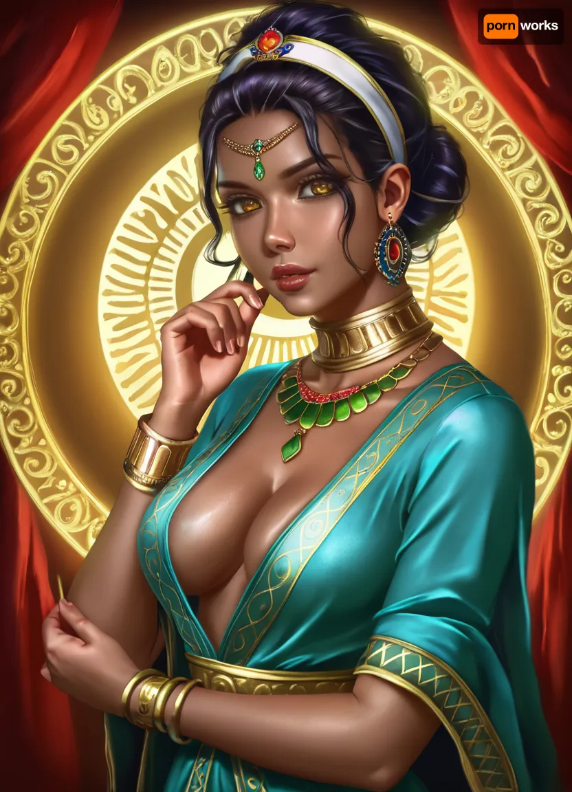 Hentai image in the style of Logan Cure, (best quality, masterpiece:1.2), (photorealism:1.3), highly detailed Indian female dancer, beautiful Indian woman, with large heavy breasts, dark skin, in traditional red lehenga choli, gold embroidery, swirl lehenga, exquisite jewelry, maang tikka, necklace, bracelets, mehndi, graceful poses, dance movements, Kathak dance, precise detailing of dance movements, in an Indian palace of a raja, richly decorated arches, ancient frescoes, exquisite architecture, raja on the throne in the background, symmetrical composition, golden hour, soft diffused lighting, chiaroscuro, deep shadows, rich, warm colors, red, gold, indigo, turquoise, ivory, ochre, atmospheric light, dynamic composition, ultra-high resolution, meticulous attention to detail, complex, high detail, (8k), cinematic lighting, sharp focus, Detailed, hand, Hand, Perfect
