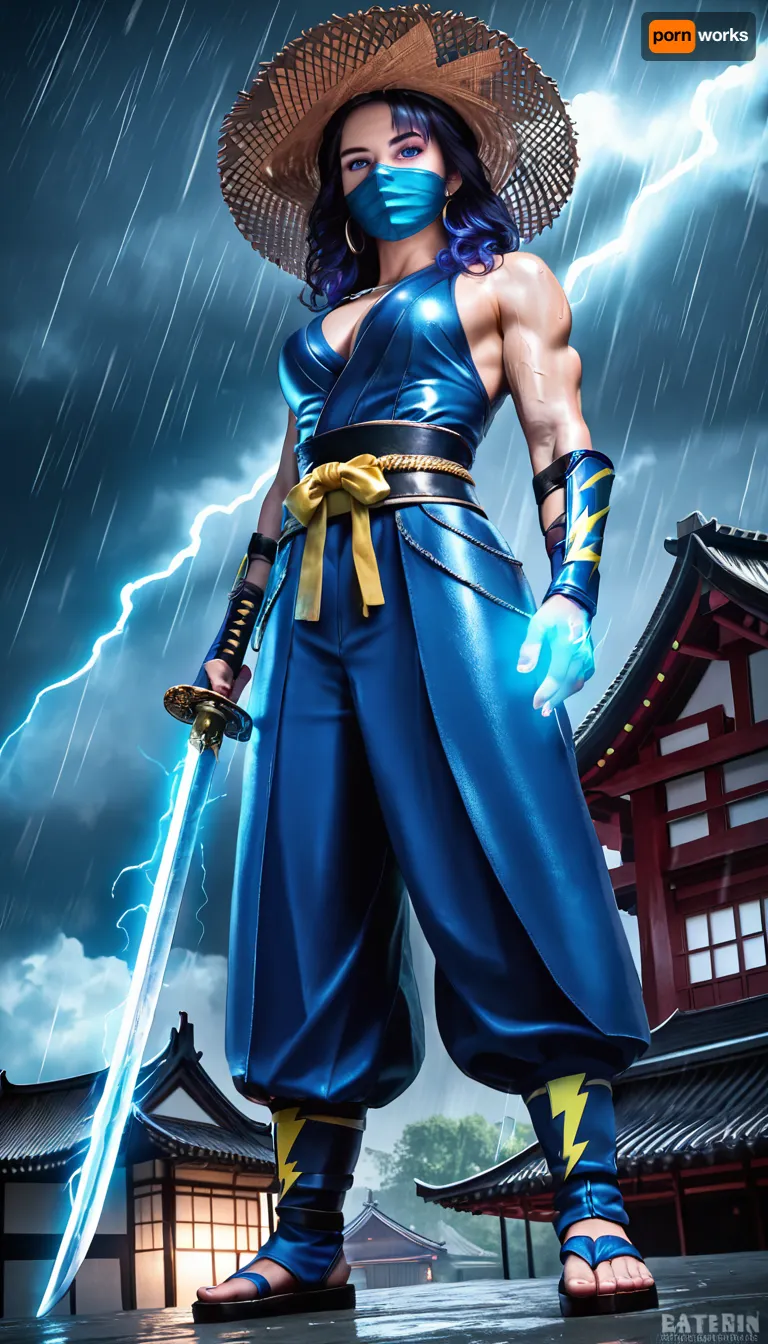 (masterpiece, best quality, highly detailed, photorealistic:1.2), an ancient warrior, Raiden from Mortal Kombat, powerful, standing on a traditional Japanese rooftop, full body shot, (dramatic lighting:1.1), (heavy rain, stormy weather:1.2), (intense lightning bolts:1.3), striking across the dark sky, dynamic pose, looking directly at viewer, wearing a wide-brimmed conical straw hat, ((blue detailed ninja mask:1.1)), intricate blue and dark monk robes, ornate metallic armor details on chest and arms, strong muscular build, holding a katana sword in hand, (((glowing blue energy in left hand:1.2))), atmospheric perspective, mystical glowing effect, distant traditional Japanese buildings with warm lights below, volumetric lighting, godrays, depth of field, sharp focus, cinematic, hyperrealistic