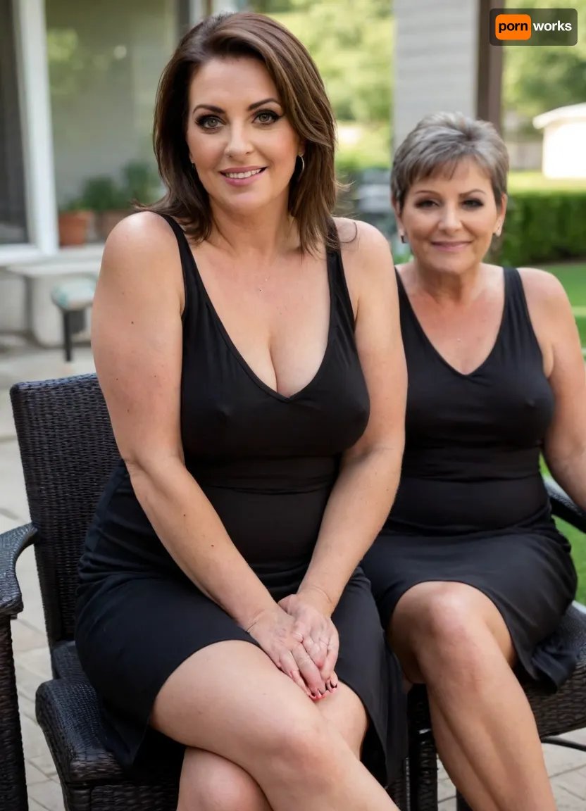 Two mature women, sitting, a full body photo of two full figure ssbbw brunette gilf, s, 60 years old, mature, thick, big hips, (mature:1.5), (no bra, covered nipples), big smile, (captivating striking amber eyes:1.3), flirting with viewer, beautiful face, huge, waist, ((wearing a sleeveless black loose minidress)), plunging neckline, sagging, birthday party in her home patio in the USA suburbs, best quality, no, bra, covered, nipples, <lora:nobrav1_SDXL:.8>