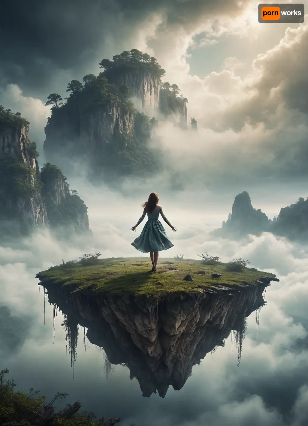 Imagine a photo of a women floating in the sky on a flying island. shrouded in soul aura and decay fog. Three levels. shallow depth of field, parallax. /©KlTTY-ART/