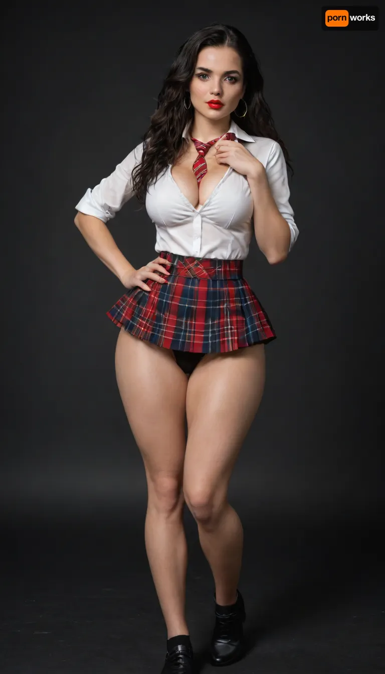 (location on a black background), Hermione Granger young Bimbo witch with freckles sexy body, dynamic pose, (huge bimbo breasts:1.1), (decollete:1.2), (bulging big ass:1.4), (wide hips:1.6), freckles, (thin waist), (long thin slender legs:1.1), (long hair), (black hair:1.6), (straight styled hair:1.1), (makeup), red lips, white school blouse, school checkered skirt, school tie, (black lace stockings:1.1), school costume, <lora:add-detail-xl:.8>