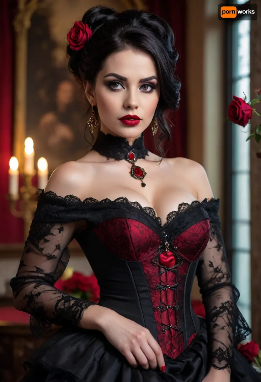 Gothic wine tasting, a stunning gothic woman, deep smoky eyes, bold red lips, and piercing gaze, long voluminous black hair in an elegant updo adorned with deep red roses, wearing a black lace corset with gold accents, off-shoulder sheer lace sleeves, and an intricate gothic choker with red gemstone pendants, showing cleavage of large breasts.