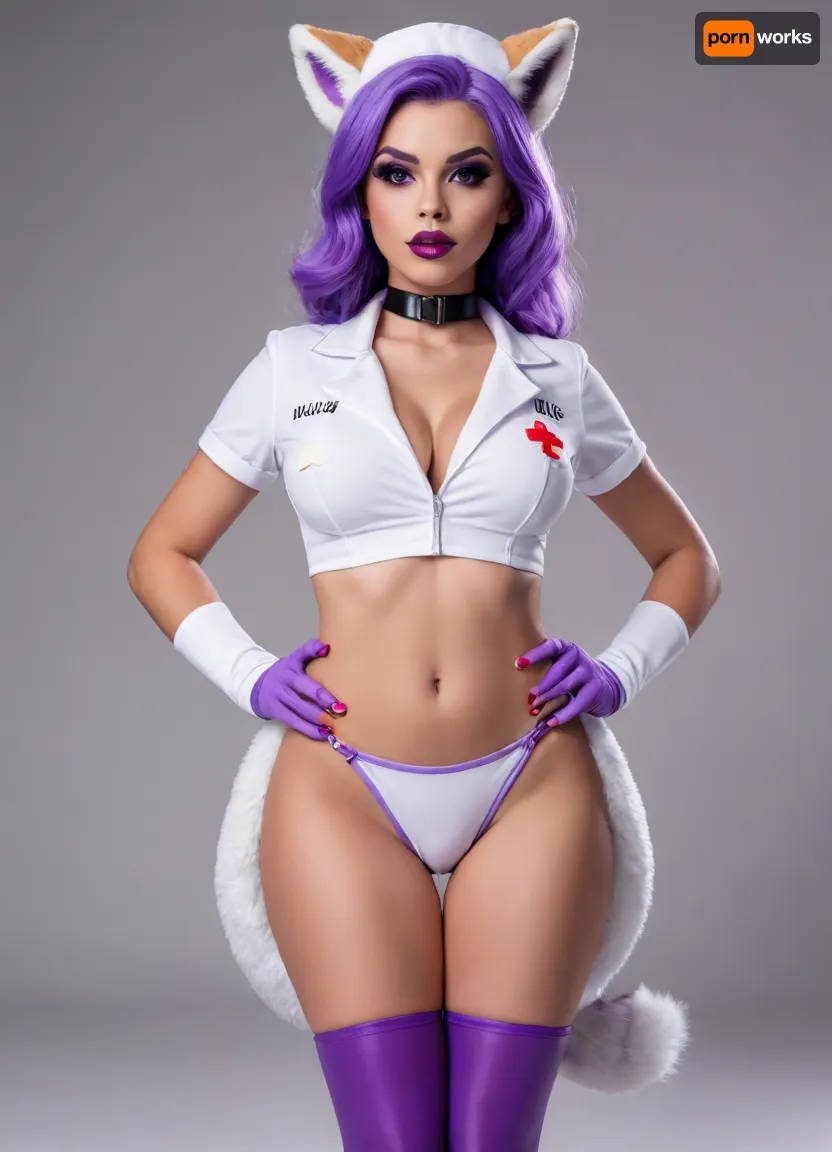 sexy toon female furry fox, fit body with wide lean hips, dressed as a nurse, full-body front view, plain background, (big purple lips:1.5), (makeup:1.4), <lora:early621-000002:.8>