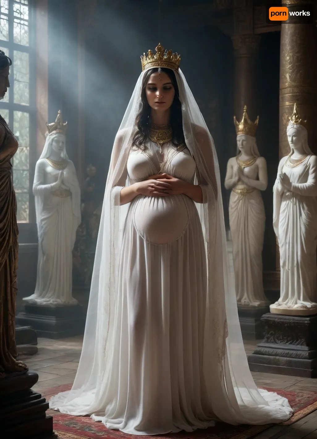 very ancient temple, altar, priests, a lot of sexy godess statue, dark summerian cult, in foreground a very pregnant dark priestess in white transparent antique dress, transparent veil cover her face very ancient temple, altar, priests, a lot of sexy godess statue, dark summerian cult, in foreground a very pregnant dark priestess in white transparent antique dress, transparent veil cover her face