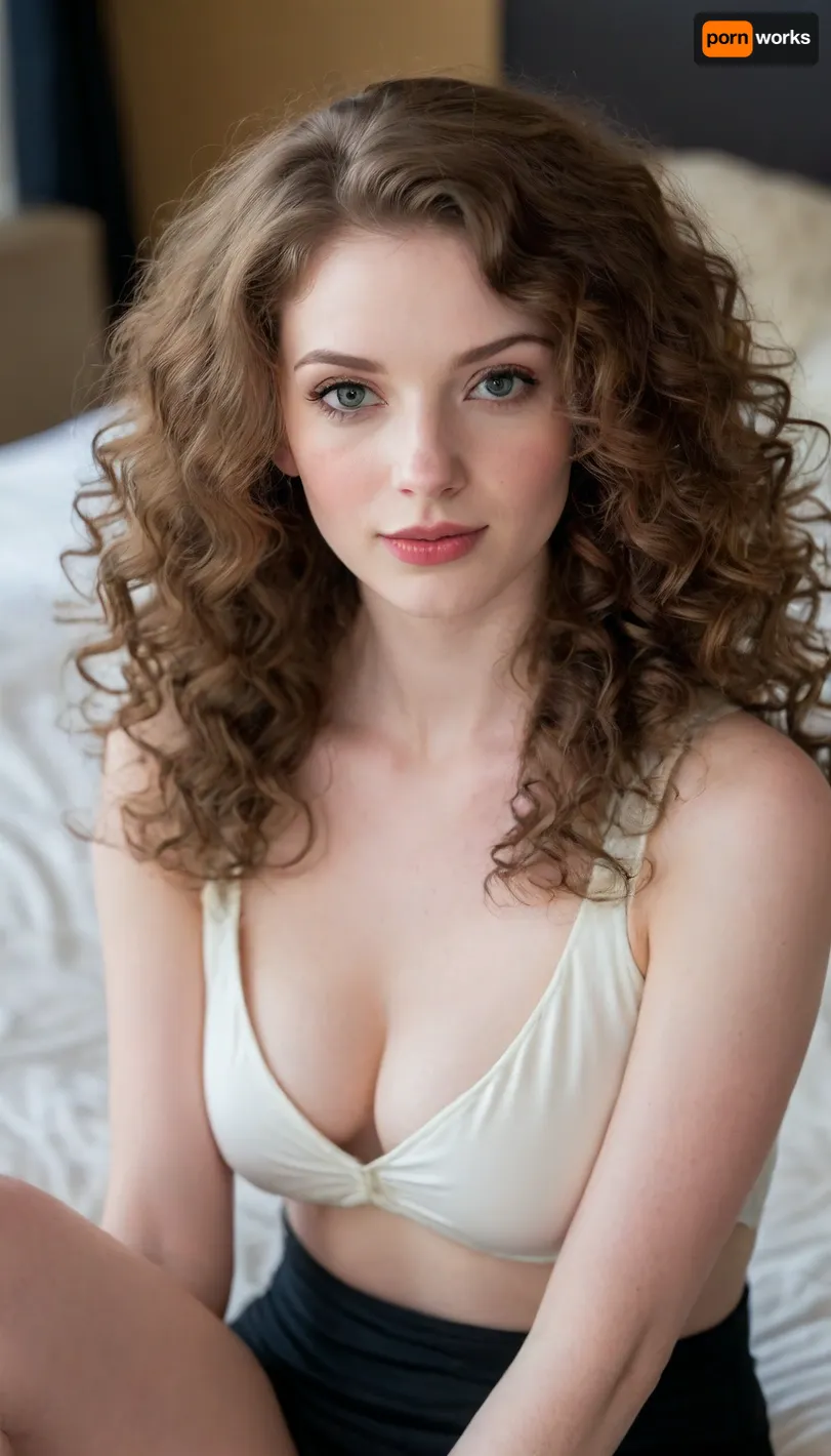 ziprealism, (adorable pose, coy, soft shy smile, sparkling eyes, soft facial features:1.2), (sitting, shoulders forward, pale breasts:1.6), (warm natural lighting, shallow depth of field, strong saturation, vintage analog lens, Dutch Angle:1.2), (goosebumps, vellus hairs, perfect eyes:.4), (glossy hair, jet black hair, curly hair, naturally curly hair, short hair, voluminous hair, pale skin:1.8), (natural skin texture, maximum quality skin texture, RAW photography, uncompressed:.4), (cozy bedroom, large comfortable bed)