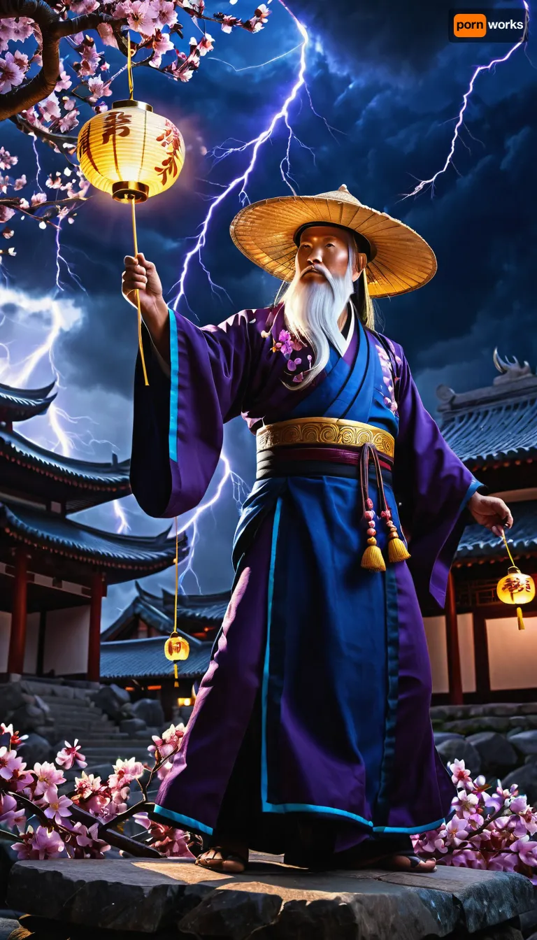 (masterpiece), (best quality), (extremely detailed CG unity 8k wallpaper), (anime style), (digital painting), an ancient asian sage channeling lightning, (((glowing blue eyes under a straw hat))), wearing an elaborate traditional dark blue kimono with intricate gold and silver embroidery, reaching hands in front, long white beard, standing on a stone ledge, (numerous lightning strikes in the stormy dark purple and blue sky), (sakura trees in full bloom with pink flowers and falling petals), traditional asian architecture in the background with glowing lanterns, volumetric lighting, epic, dramatic, depth of field, high contrast, vibrant colors