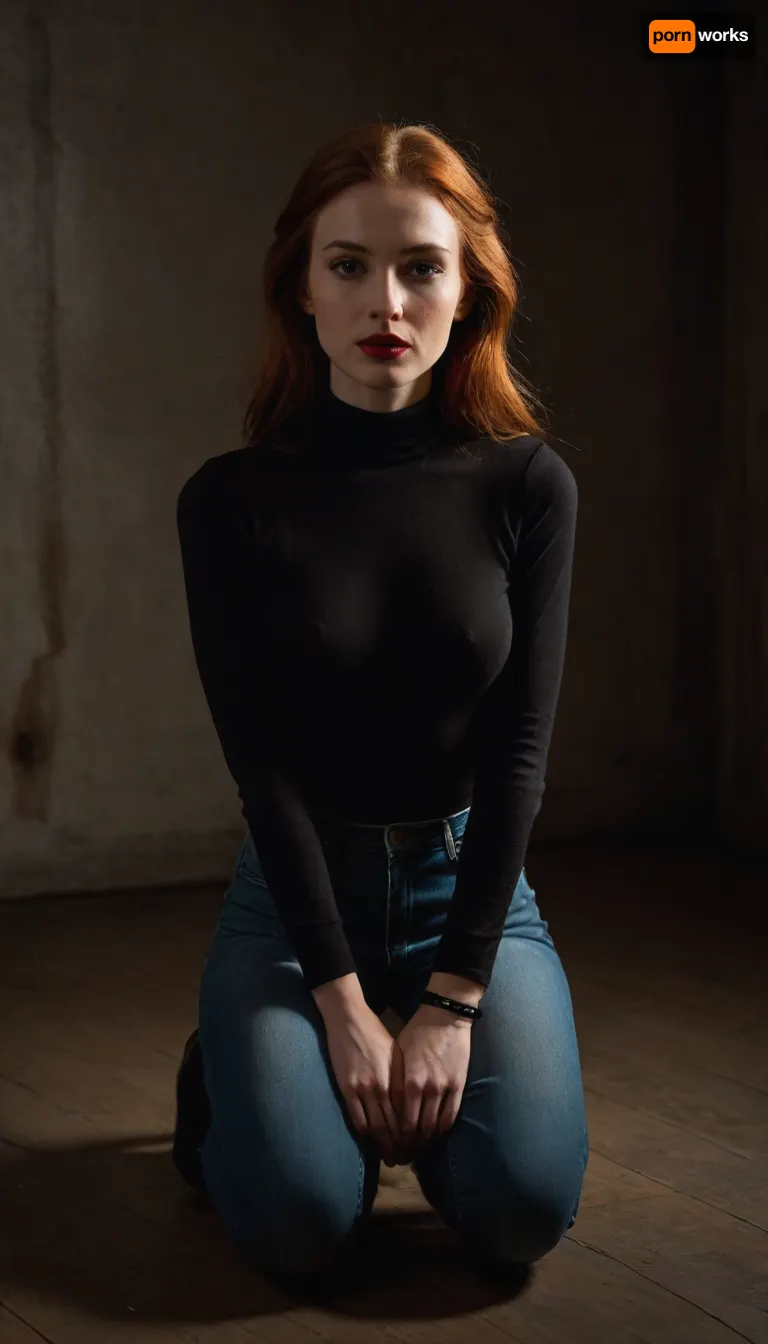 Very pretty and beautiful 25yo slim girl. Imperfect face. Scared and humiliated look. Tall. Redhead. Cheekbones. Sharp chin. Full body view. Wearing casual tight clothes. Straight hair. Casual dark clothes. In the bdsm dungeon. Red lipstick. Wearing brown tight turtleneck. Blue jeans. Black shoes. Down on the floor on her knees. Hands cuffed. Hands tied together. Kneeling.
