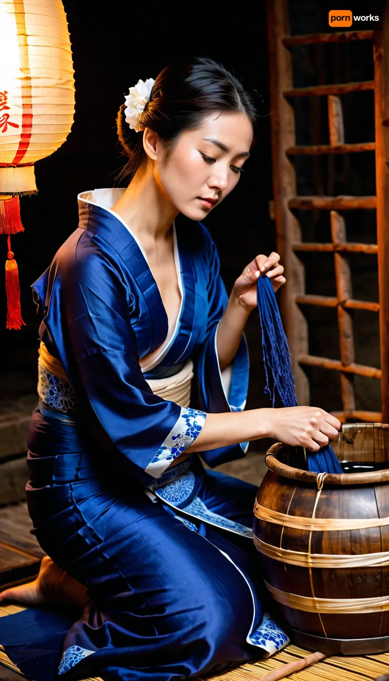 (young Japanese female artisan:1.1), (kneeling, traditional posture:1.5), blue satin kimono, white patterns on kimono, (kimono with open neckline:1.5), (modest neckline), obi sash, (dark hair tied up), (white flower in hair:1.1), (delicate makeup), looking down, (hands immersed in the process), dyeing silk fabric indigo, wooden barrel with indigo dye, (craft production:1.1), (illuminated paper lantern:1.2), red brushes, Japanese inscriptions, hieroglyphs, wooden partition in the background, traditional Japanese setting, bamboo mat, (atmospheric lighting), (soft light from a lantern:1.1), side lighting, warm tones, (dark background:1.2), (deep shadows), (cinematic light:1.3), (realistic photography:1.2), (detailed textures:1.1), (high resolution:1.1), (photo contest quality), (best quality), (masterpiece), 8k, photorealistic, ultra-detailed