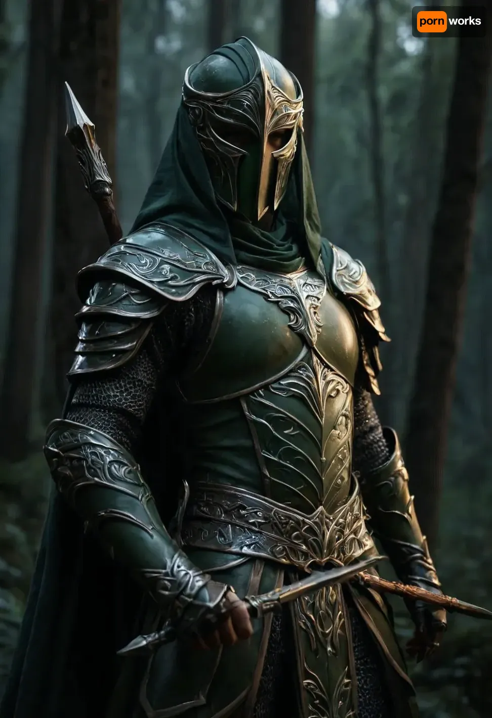Uber realistic, 8k, ultra detailed, masterpiece, mature elf warrior, detailed army green elven armor, holding spear in right hand, forest, full_helmet, closed_helmet, visor, (face covered:1.5), night, detailed eyes, detailed armor, detailed body, detailed skin, hkstyle, <lora:dark:.8>, <lora:hkstyleV5:.8>