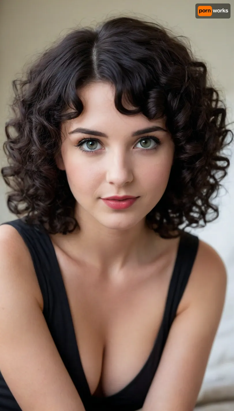 ziprealism, (adorable pose, coy, soft shy smile, sparkling eyes, soft facial features:1.2), (sitting, shoulders forward, soft pale breasts, teardrop breasts:1.6), (glossy hair, jet black hair, curly hair, hair with small tight curls, short hair, voluminous hair:1.8), (vivid red lipstick, full lips, moist lips), (warm natural lighting, shallow depth of field, strong saturation, vintage analog lens, Dutch Angle, focus on eyes, closeup:1.2), (goosebumps, vellus hairs, perfect eyes:.4), (natural skin texture, maximum quality skin texture, RAW photography, uncompressed:.4), (cozy bedroom, large comfortable bed)