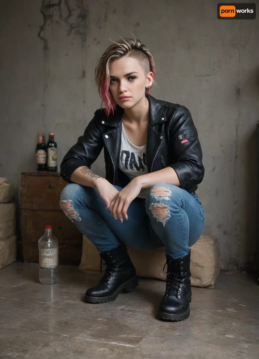 London, 1975, punk culture, full body view, 20 year old, skinhead with mohawk haircut, blonde, squatter apartment, filthy apartment, ripped blue jeans, worn out jeans, white t-top, black leather jacket, black boots, dirty hair, piercings, punk decor, broken furniture, strewn empty alcohol bottles, strewn empty beer bottles, old dirty mattress on floor, pink dyed hair, no electricity, dim, dark