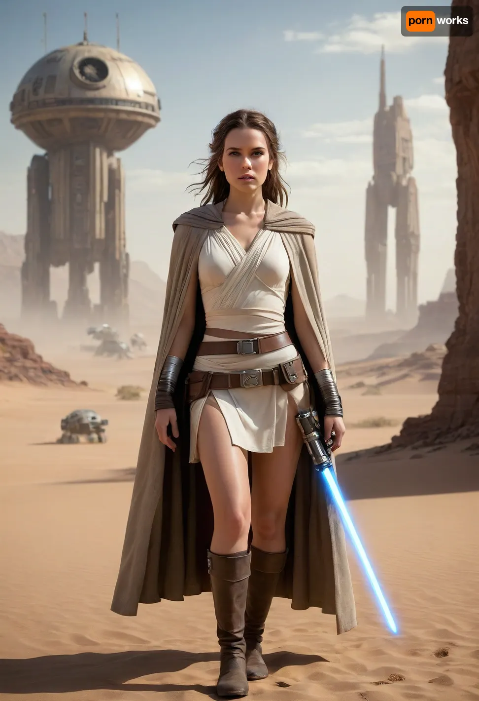 This text describes a photographic composition in the Star Wars style, focusing on a heroic, full-body portrait of a 28-year-old brunette female Jedi warrior. The protagonist is depicted in a dignified solo stance within a colossal spaceport on a desert planet, poised for combat. The photographic representation of the Jedi's attire is meticulously detailed, featuring a highly intricate open Jedi costume that includes beige fishnet stockings, (1.2), and a cape, (1), . The warrior's physical attributes are also carefully rendered, with a slender figure, slim waist, and long blonde matted dreadlocks. Her flat chest, sweating skin, and dirt-covered appearance contribute to a sense of realism and immersion. The presence of a lucky charm necklace and a perfect lightsaber, (1.5), further enhance the heroine's mythical aura.

The composition is characterized by intricate details, including a highly detailed face, a desert landscape with floating warm sunlight, and a background featuring the Millennium Falcon, R2-D2, and numerous droids in a shipyard. The atmospheric elements, such as clouds, fog, and smoke, create a sense of depth and immersion, while the downblouse and nipslip effects add an element of tension and allure.

This photographic work is a testament to the artist's mastery of the genre and their ability to capture the essence of the Star Wars universe. The use of advanced photographic techniques, such as 3D rendering and framing, ensures a cinematic quality that is both breathtaking and immersive. The integration of scientific-sounding phrases and complex formulations, along with the logical construction of the text, enhances the sense of authority and expertise, positioning the work as a significant contribution to the field of photographic art and storytelling.