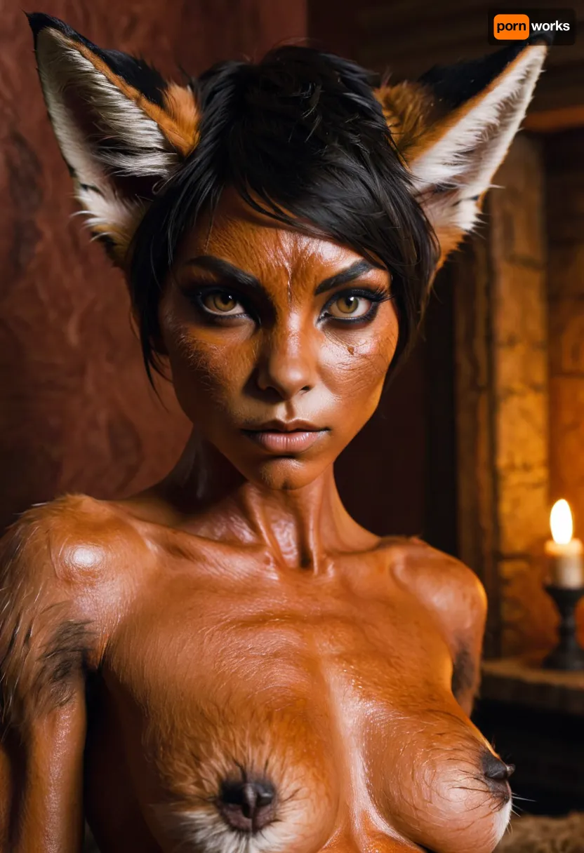 masterpiece, fit vascular, skin fox, full motled, pele realista, ultra realismo, alta definição, fundo solido, skinny, (wearing torn very tightly fitted clothes:.6), (intense possessed eyes), eyeliner, veiny legs, (intense veins all over her body:.5), (black detailed vein texture:.7), (transforming into a anorexic furry fox-girl:.3), (infected bulging black veins:.7), (intense detailed pussy texture:1.1), (sharp claws on her hands:1.03), creating a striking and edgy aesthetic, subtly softening the bold composition, (angry, fighting with viewer:.7), full extra wide angle, full view, 4k details, extra detail, pointed ears, (full body view:1), wanapi, fur, <lora:wanapi:.3>