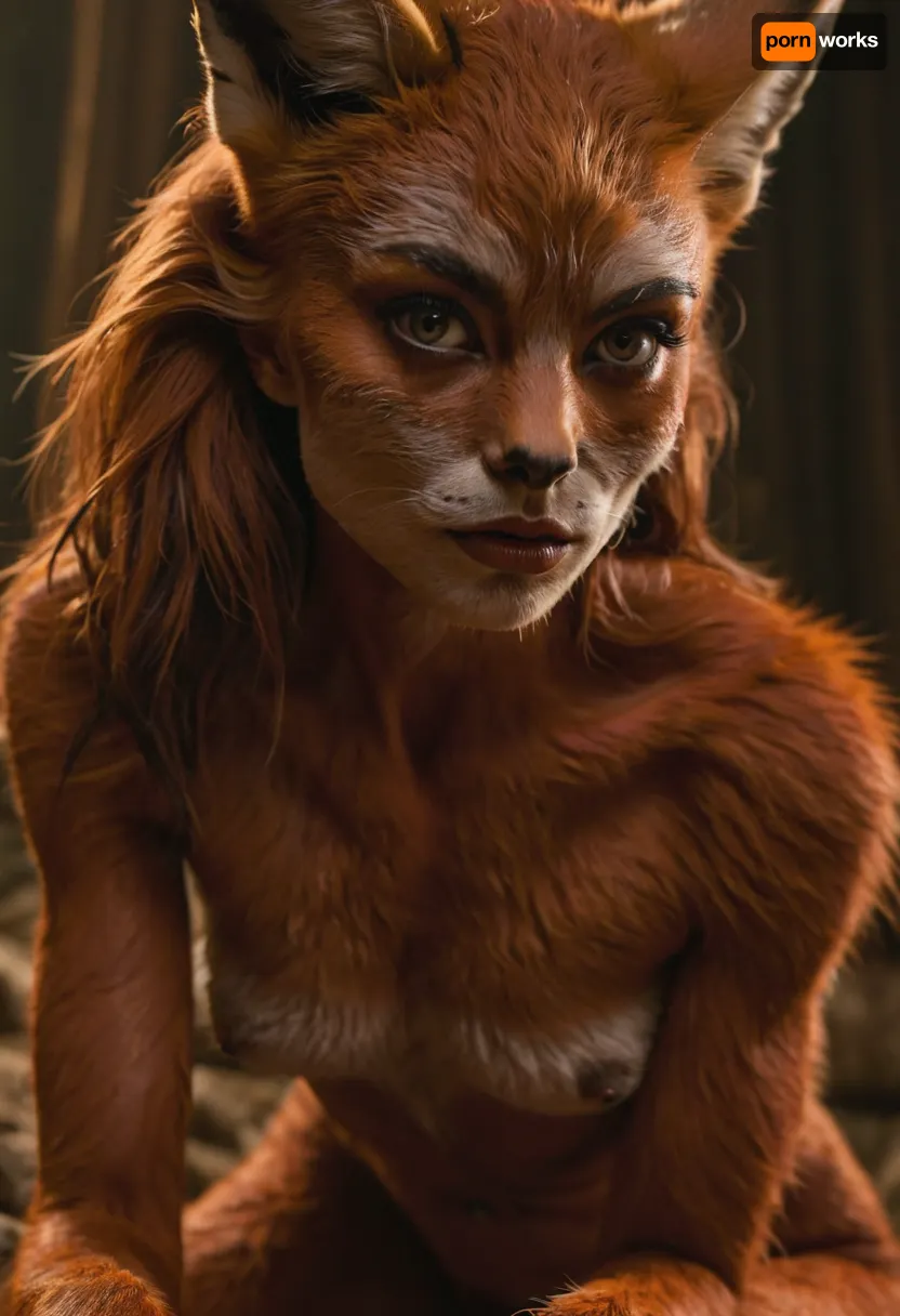 masterpiece, fit vascular, skin fox, full motled, pele realista, ultra realismo, alta definição, fundo solido, skinny, (wearing torn very tightly fitted clothes:.6), (intense possessed eyes), eyeliner, veiny legs, (intense veins all over her body:.5), (black detailed vein texture:.7), (transforming into a anorexic furry fox-girl:.3), (infected bulging black veins:.7), (intense detailed pussy texture:1.1), (sharp claws on her hands:1.03), creating a striking and edgy aesthetic, subtly softening the bold composition, (angry, fighting with viewer:.7), full extra wide angle, full view, 4k details, extra detail, pointed ears, (full body view:1), wanapi, fur, <lora:wanapi:.3>