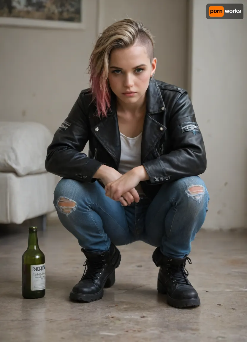 London, 1975, punk culture, full body view, 20 year old, skinhead with mohawk haircut, blonde, squatter apartment, filthy apartment, ripped blue jeans, worn out jeans, white t-top, black leather jacket, black boots, dirty hair, piercings, punk decor, broken furniture, strewn empty alcohol bottles, strewn empty beer bottles, old dirty mattress on floor, pink dyed hair, no electricity, dim, dark