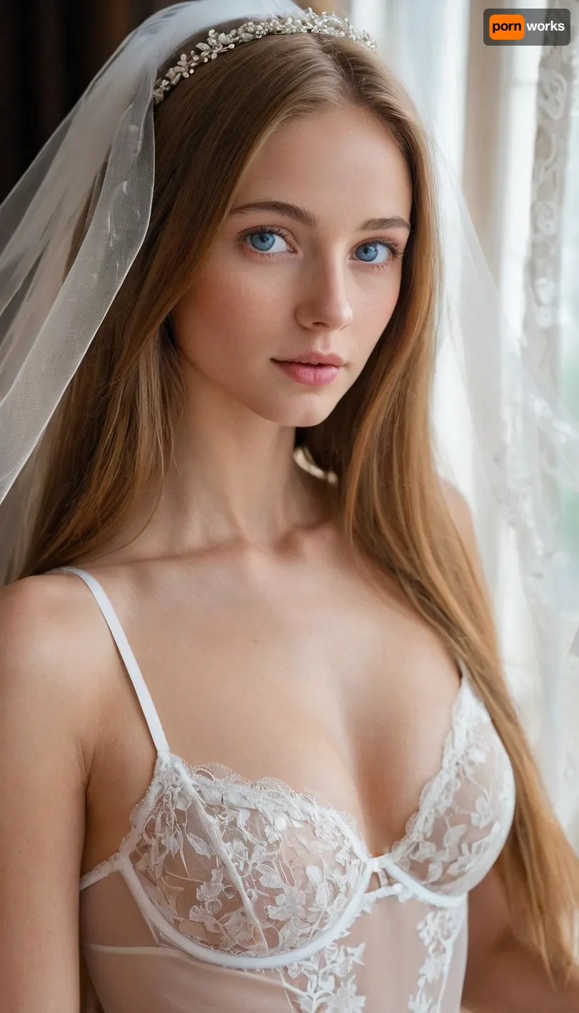 1girl, close-up, (((beautiful face, pretty face, blue eyes, very long caramel light brown straight hair))), ((wedding lingerie, bridal veil, stockings, choker)), small breast, slim body, minislimwaist, tied up, easynegative, slender, score_/_up, score_6_up, innocent, shy, skinny girl