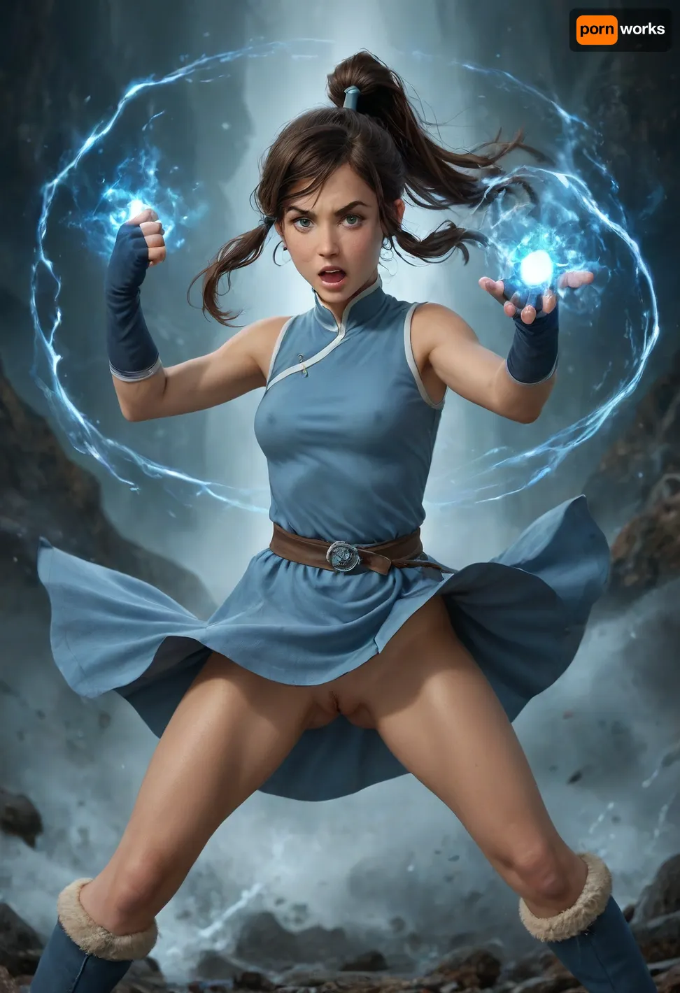 Korra, avatar the last airbender, warry face, shouting, tan-skinned, blue eyes, dark brown hair, hair is shoulder-length, messy bangs, ponytail, slender, thigh gap, sleeveless light-blue Water Tribe-inspired tunic, very tight clothes, covered pointing nipples, fabric belt, (exposed pussy), fingerless gloves, boots, fight pose, wind in hair, wind in clothes, big magic swirl around girl, big glowing magic flows, fantasy, magical powers, <lora:detailed_notrigger:.8>, magical, magic, spell, element, water, swirls, air, wind