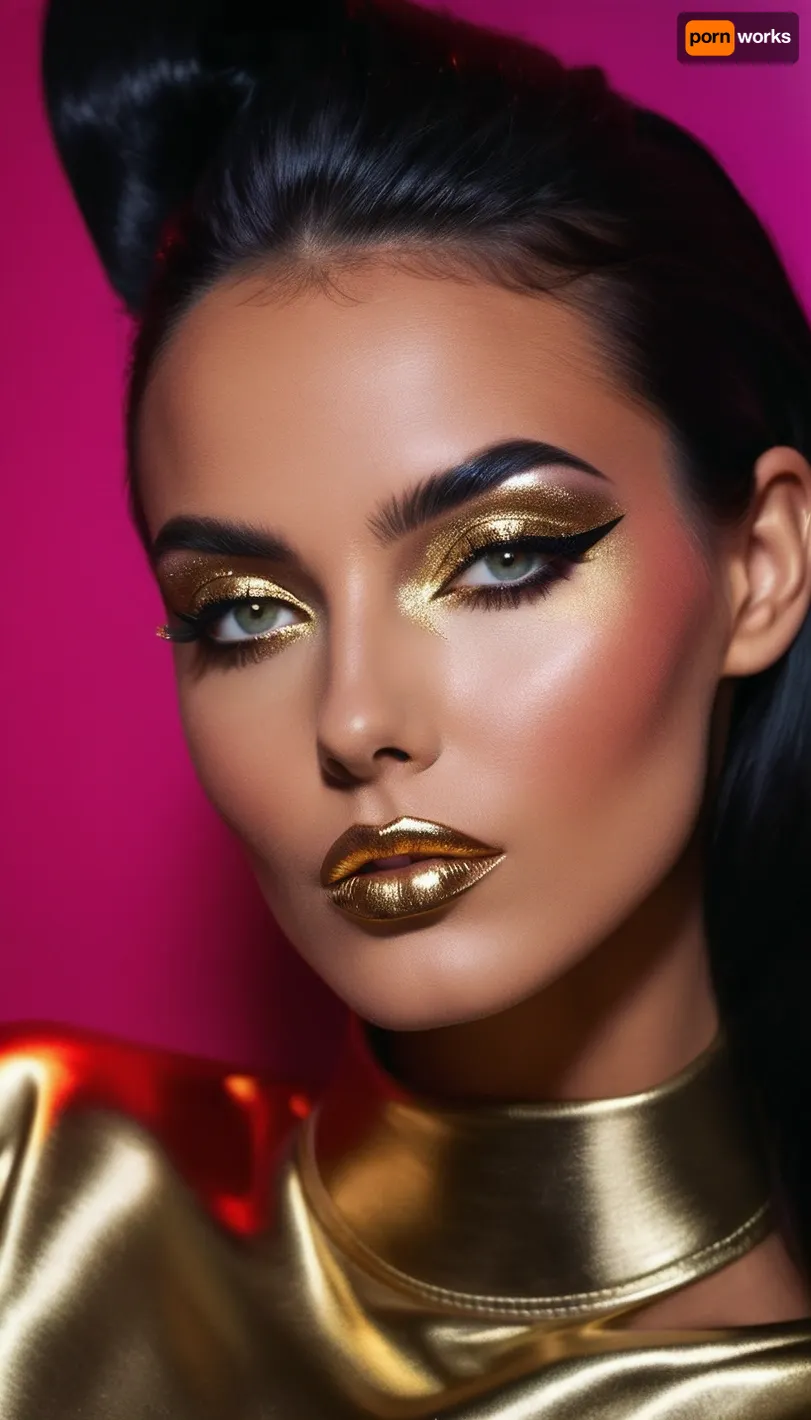 zip realism, (avant-garde fashion esthetic, supermodel, makeup model), (sensual woman, seductive pose, soft mischievous smirk, sparkling eyes, playful expression, triangular facial features, prominent cheekbones, defined jawline:1.2), (glossy hair, jet black hair, long silky hair:1.2), (high fashion makeup, bold makeup, vibrant makeup, metallic makeup:1.6), (warm natural lighting, shallow depth of field, strong saturation, Dutch Angle, focus on eyes, closeup:1.2), (goosebumps, vellus hairs, perfect eyes:.4), (natural skin texture, maximum quality skin texture, RAW photography, uncompressed:.4), (cozy bedroom, large comfortable bed)