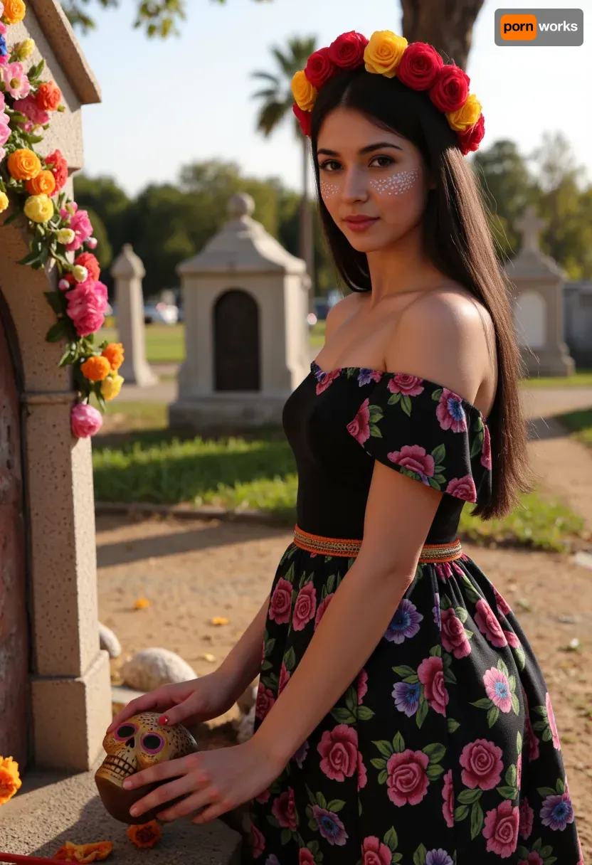 Photorealism, photorealistic, realistic, {prompt}, lifelike, highly detailed, ultra-realistic, cinematic lighting, 8K, preparing for the Day of the Dead celebration in Mexico, (a beautiful woman with Mexican features creates a festive altar in a cemetery), close-up, turns and looks at the viewer, (face painted traditionally for the Day of the Dead holiday:1.2), (black hair styled into a wreath of flowers:1.1), (in a festive Mexican dress:1.1), (holding a sugar skull in her hands near the altar:1.4), (colorfully decorated altar in the cemetery:1.4), clear detailing of what is happening, clear lighting, golden hour.