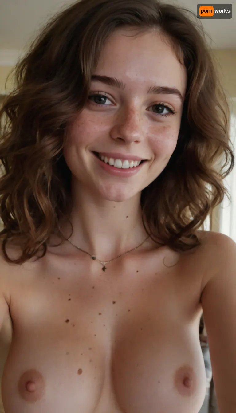 amateur selfie, wavy dark brown hair, freckles, choker, tight and firm, 20 years old girl, very slim girl, pretty face, smiling, Best quality, realistic, slim waist, wide hips, fit, athletic, sagging tits, large breasts, Looking at the camera, fresh face, shy look, pale, very petite girl, very detailed, totally naked, shaved pussy