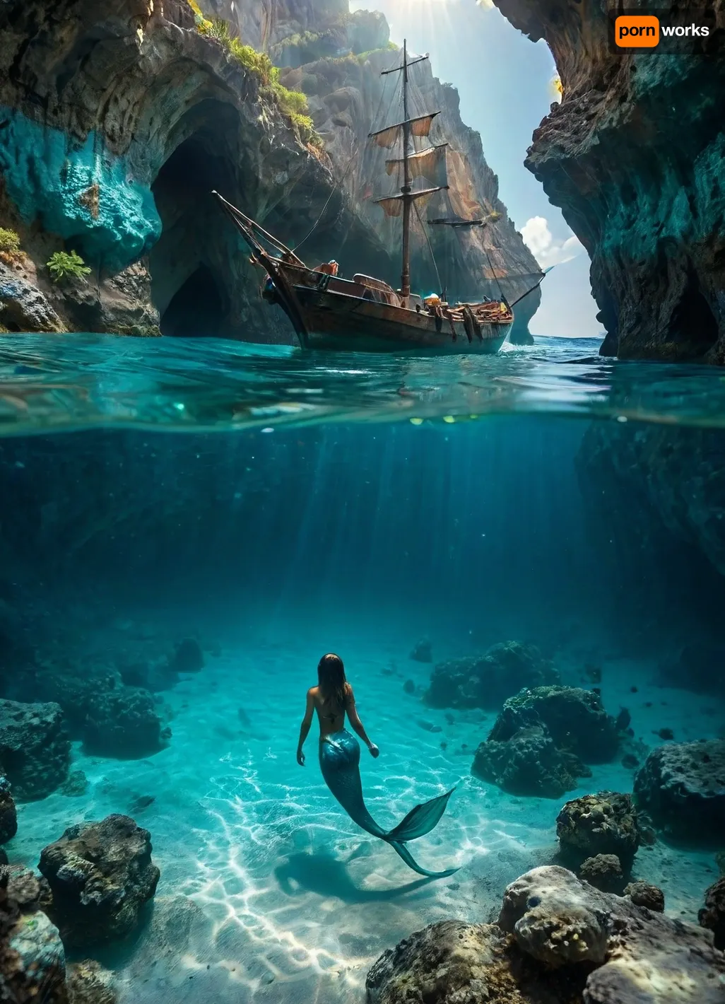 View of a stunning slender mermaid woman swimming underwater, fish tail, sailing ship in turquoise water. texture, photorealistic, ancient Greek ship anchored in front of a large Caribbean cave, sunlight_str1, underwater world, grotto, cave, sand, sea, bottom, reef, <lora:sunlight_str1-SDXL_v1-dim64-steps1691:1.2>, <lora:MJ52:.3>, <lora:Underwater_Environment_v01-000002:.9>, <lora:Splitshot:.4>