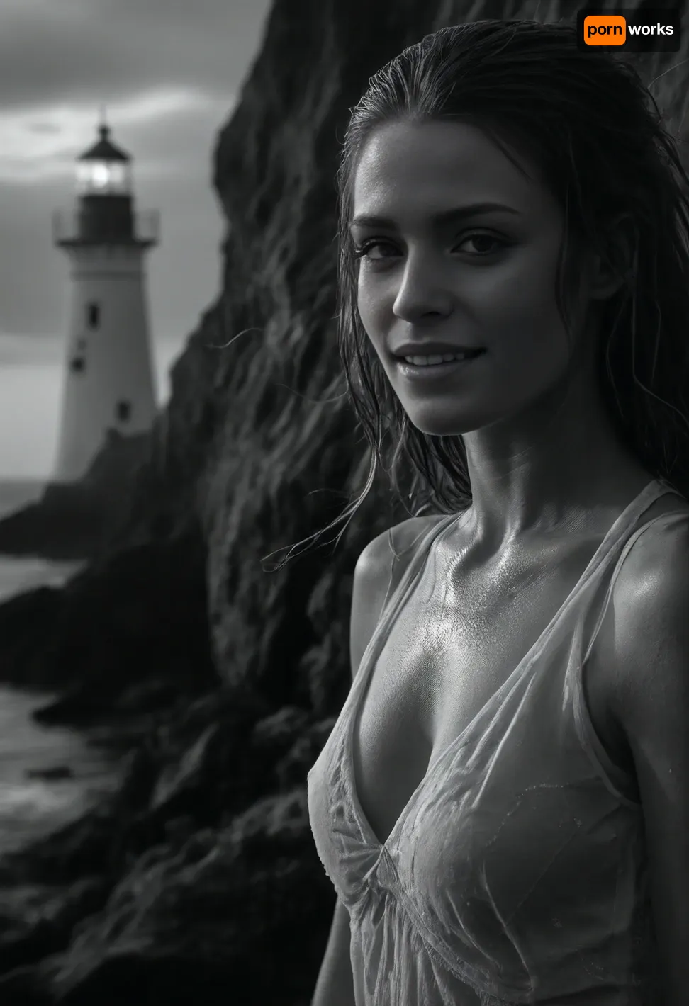 monochrome artwork, portrait of Betty, Betty is a slim, sexy 20 years old woman, nude Betty lies seductively on a rock in turbulent water near the beach and looking melancholically at the viewer. focused face, perfect face, cheerful smile, perfect teeth, shy, beautiful, Her long hair is blowing in the stormy wind. Betty's skin is wet from the rain, (hard long detailed nipples:1), backlighted from a lighthouse whose beacon breaks through the rain and fog as a bright beam and partially illuminates the night, (conical beam from the lighthouse:1.6), (magical lighthouse of elven design:1.4), It is raining extremely heavily, it is a stormy night. High waves are rising, large waves are breaking on the shore, white spray is spraying, the wind is tugging at plants and hair, high res, maximum quality, FRESHIDEAS, Real, Photography, 2#, DonMN1gh7XL, hvrn, heavy, rain, <lora:FRESHIDEAS Real Photography 2#:.8>, <lora:dark:.1>, <lora:RsmJemma1XL:.8>, <lora:DonMN1gh7rXL-000006:.8>, <lora:607315_training_data:.8>