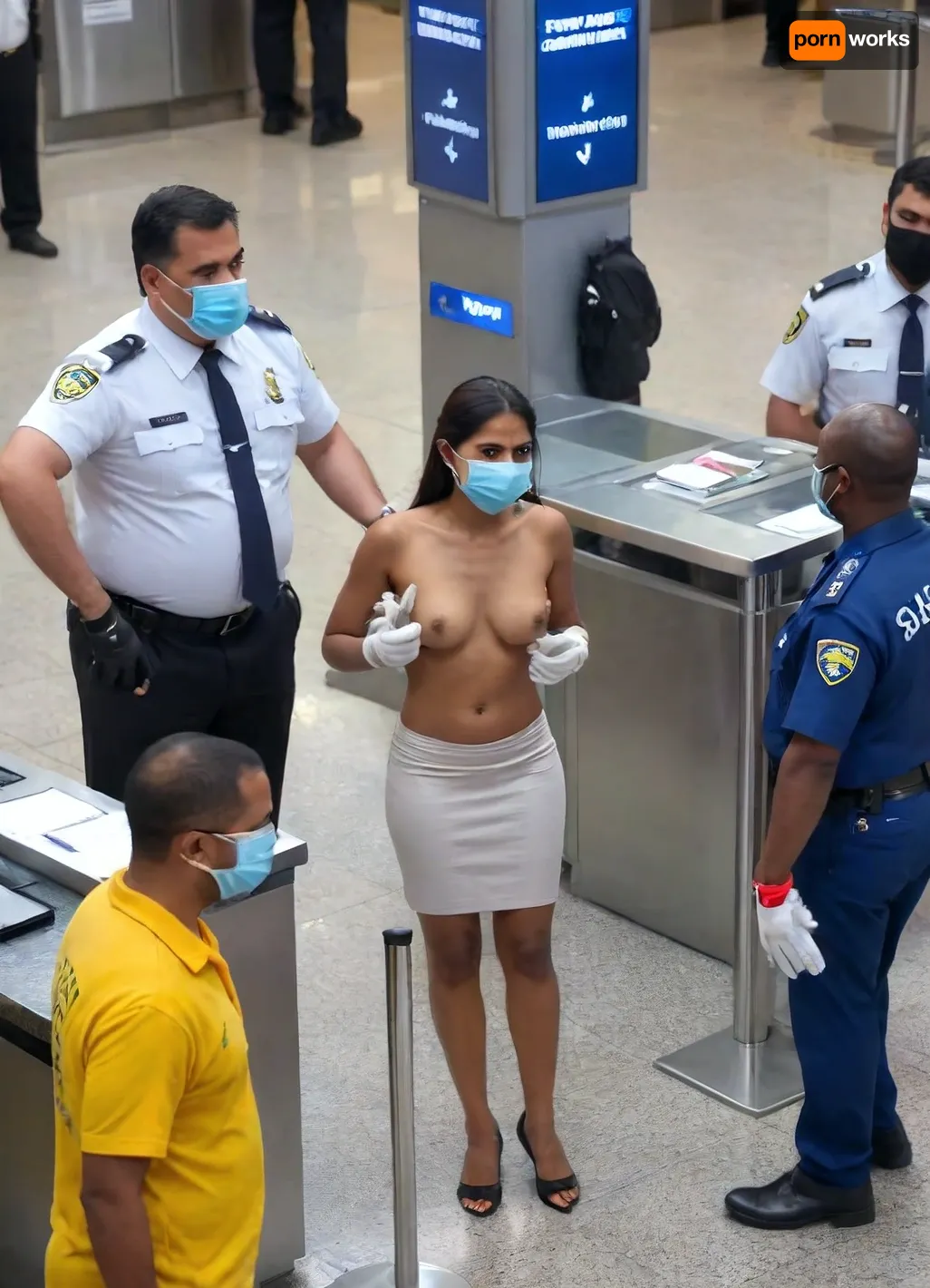 inside a TSA security checkpoint at a busy airport, ((travelers going through a security checkpoint)), cctv footage, high angle, 3/4 view, closeup on a gorgeous dark brown skin south indian woman gets a cavity search in public airport security checkpoint, metal detector wand, (airport security agents are pulling her clothes off), several fully clothed men stand behind her grabbing her and fondling, ((squeezing her tits:1)), she's being bent over stripsearched, (she's wearing fitness attire), (the men are wearing airport security attire, facemasks and medical gloves), fingers inside pussy, she looks very upset, they all look at each other, Tashruva, CCTV, Style, (she has furled brow), (many, hands, caress, a, woman's, body:1), airport, crowd, Airport, <lora:Tashruva-10:1>, <lora:SDXL-CCTV-Style-Lora:1>, <lora:realfilm_xl_v1:1.2>, <lora:JJsAirport_XL:.8>