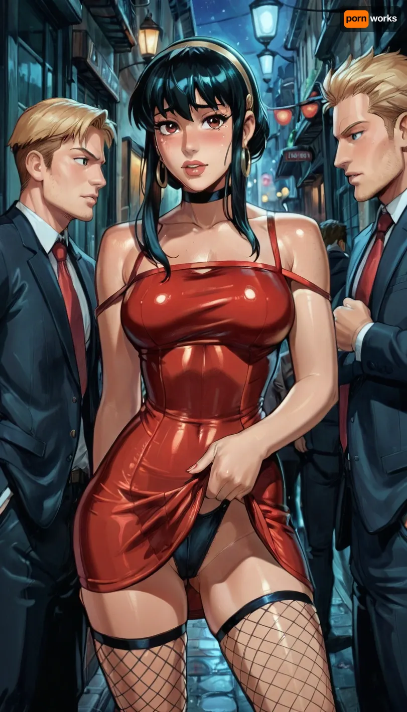 Knee shot, Night, busy street, (1 girl, 3 boys), many people around, standing, Yor Briar, medium breast, revealing red dress, tight dress, fishnet stocking, short dress, chocker, hoop earrings, mad, tears, (Yor lifting skirt:1.3), visible crotch, (black thong), short trimmed pubic hair, reiq style, score_9, score_8_up, score_7_up, <lora:outline_xl_kohaku_delta_spv5x:1.9>, <lora:NEOTOKIOXL_0.2_RC:.5>, <lora:NAIXL-vPred-4-000014:1.1>