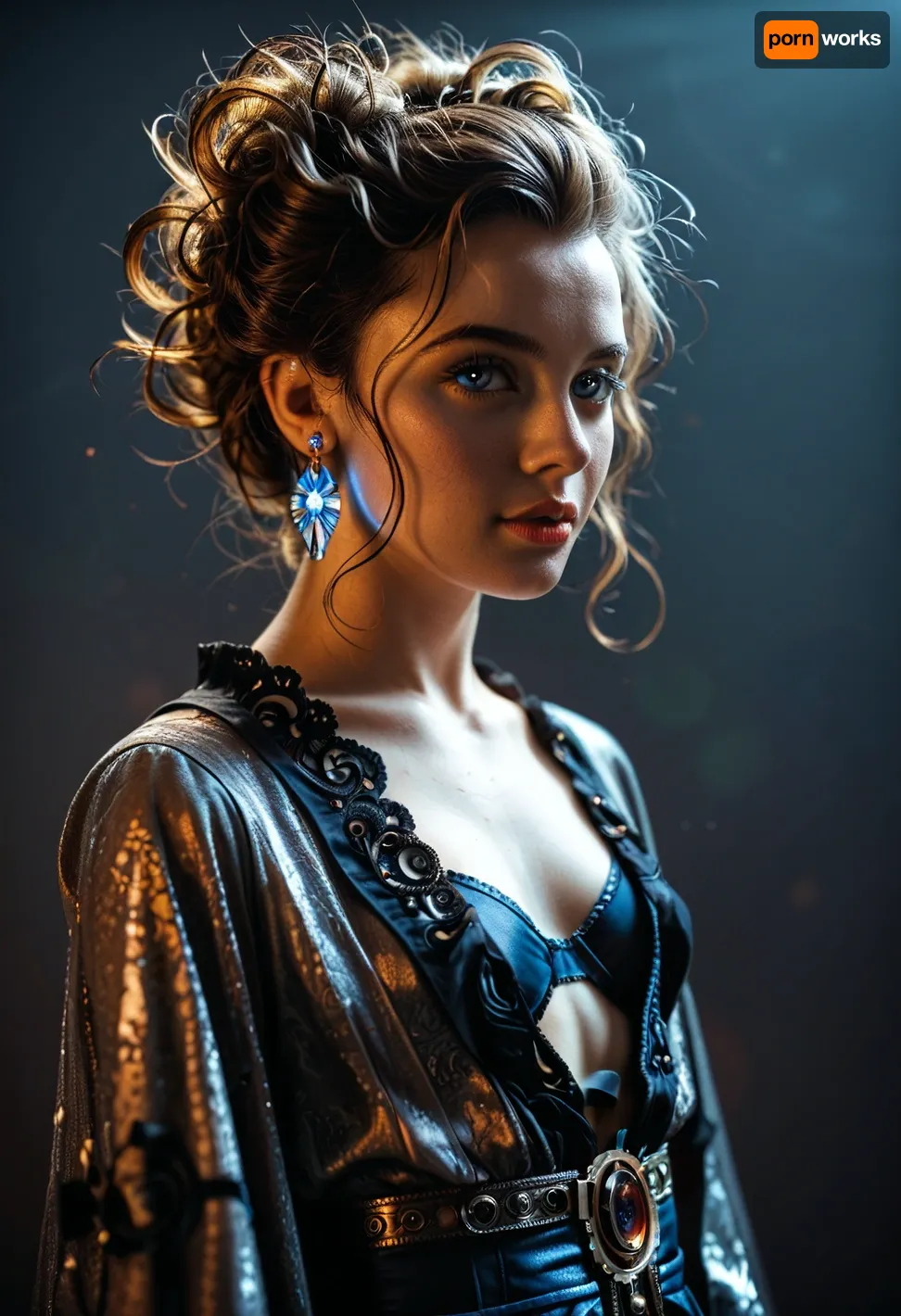 A high-quality studio photograph with a dark background and expert lighting creates a perfectly balanced frame. The deep contrast of the dark backdrop ensures the subject stands out, capturing the viewer's immediate attention.

Professional lighting techniques are employed, utilizing multiple light sources to achieve a uniform and soft illumination. This minimizes shadows, enhancing the texture and intricate details of the subject. The color temperature and light intensity are meticulously selected to accentuate the object's beauty and expressiveness.




The image features a beautiful mid-aged woman . She has an oval face, thin lips and expressive eyes. Her eyes are light brown. Her skin is fair. Straight nose. A small vertical groove on the tip of the nose. Almost perfect figure, a little plump. Small natural breasts. Soft bteasts, low placed breasts. Short waist. Hairstyle, She has extremely long cuirl, messy hair, with the bangs, dark brown in color. Her hair is styled in a casual hairstyle, probably in waves or curlsShe is flying on the mechanical bird. The backdrop showcases a futuristic cityscape against the desolate landscape of Tatooine, adding an air of mythical grandeur.

Dressed in a luxurious robe adorned with exquisite patterns, the girl's attire harmonizes with the atmospheric setting. Her pose suggests a sense of strength and poise, while her movements embody the fluidity and rhythm of dance. She wears knee-length socks and boots that complement her robe, completing her ethereal appearance. Cyberpunk. Steampunk.

The high-resolution image is enhanced with advanced LORA techniques, including, for maximum clarity, for a rich, detailed aesthetic, to evoke a timeless, mythical feel, and, to ensure every element is meticulously rendered., .