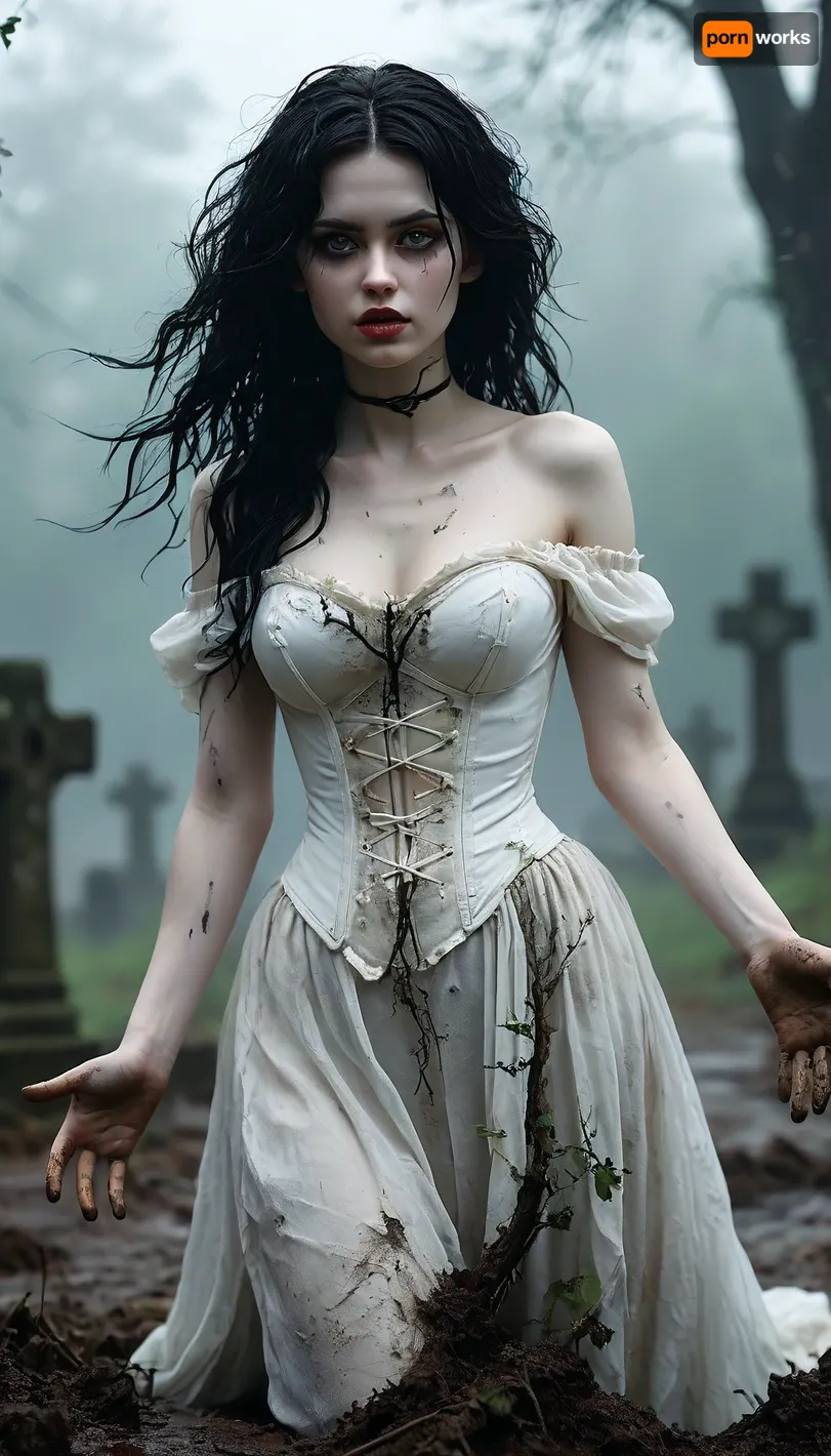 High contrast, full body view, supernatural dead girl freshly out of her grave, alternative, goth, black waist length messy and ruffled dirty black hair with tangles and twigs, pale white dead eyes, wide hips, hour glass figure, (skin painted pale white:1.7), mascara, black lips, long legs, large breasts, starved look, hands covered in soil as if she had just been digging with them, barefoot, dirty feet, sheer white off the shoulder dress and corset spotted by streaks of fresh dark soil and torn in places, ethereal, lost, unsettling, seductive, imposing, expressionless, mysterious, foreboding, haunting, shambling through a misty graveyard at dusk in the rain, head tilted to the right, left arm and hand reaching out to the viewer, <lora:detailed_notrigger:.8>, <lora:MJ52:.8>