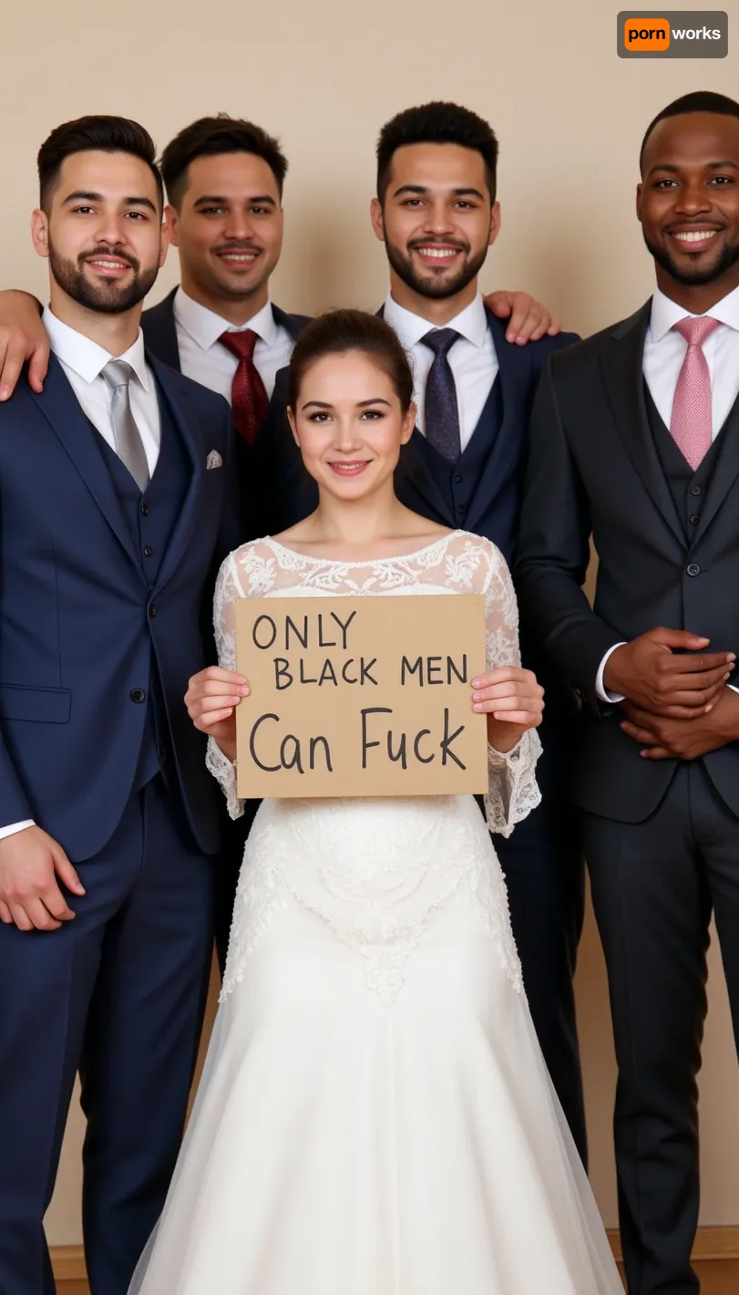 A young Iranian sexy bride poses with six super muscular black skin african males wedding guests of different ages, different faces, different suit colors. The bride holds a handmade sign with text "Only black men can fuck".