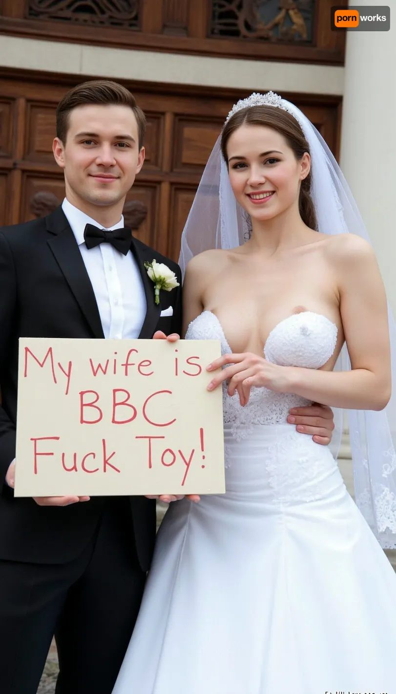 photo of a sexy iranian couple couple, persian super busty bride and groom, super sexy sheer ultra open deep v neck dress, and long lace wedding veil. on their wedding day in front of a church, smiling. Brown hair, The groom holds a handmade sign with text, "My wife is BBC Fuck Toy"., slender, body, big, breasts, skinny, <lora:skinny_bigBreasts:1.4>