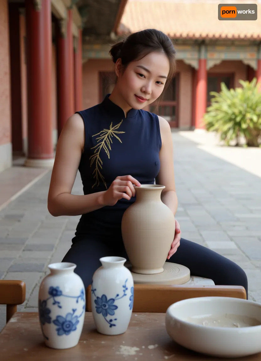 (master potter), (woman), Asian woman, (beautiful face), (working on a potter's wheel:1.3), (creating an elegant vase:1), concentrated, (one hand hidden behind the potter's wheel:1.4), dressed in a traditional Chinese sleeveless qipao dress, (dark blue qipao with gold pattern:1.1), tied hair, hairstyle with raised hair, delicate facial features, (realistic image:1.2), next to her on the table are, (white-blue porcelain items from the Yuan dynasty:1.5), (complex details), (super-detailed), (photorealistic), (depth of field), side lighting, (golden hour), diffused light, cinematic lighting, (dust particles in the air), warm glow, (in the sunlit courtyard of the Forbidden City:1.6), Chinese architecture, traditional setting, (blurred background), exquisite, (high-quality photography), 8k, professionally shot, natural lighting, skin texture, gugong, chvas, chinese_vase, <lora:1280251_training_data:.8> (master potter), (woman), Asian woman, (beautiful face), (working on a potter's wheel:1.3), (creating an elegant vase:1), concentrated, (one hand hidden behind the potter's wheel:1.4), dressed in a traditional Chinese sleeveless qipao dress, (dark blue qipao with gold pattern:1.1), tied hair, hairstyle with raised hair, delicate facial features, (realistic image:1.2), next to her on the table are, (white-blue porcelain items from the Yuan dynasty:1.5), (complex details), (super-detailed), (photorealistic), (depth of field), side lighting, (golden hour), diffused light, cinematic lighting, (dust particles in the air), warm glow, (in the sunlit courtyard of the Forbidden City:1.6), Chinese architecture, traditional setting, (blurred background), exquisite, (high-quality photography), 8k, professionally shot, natural lighting, skin texture, gugong, chvas, chinese_vase, <lora:1280251_training_data:.8>