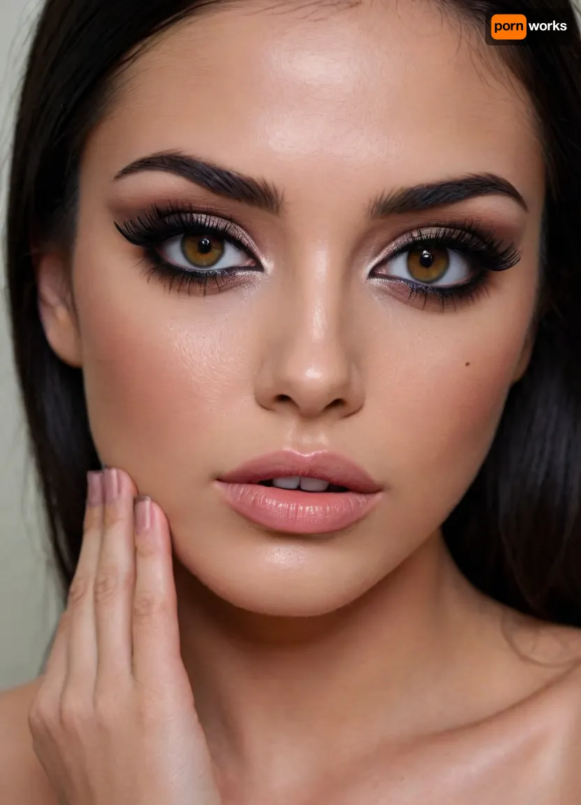 slender woman, deep tanned skin, long black hair, straight hair, black eyeliner, false eyelashes, dark eyeshadow, bathroom, ((she puts on her makeup)), highly detailed, masterpiece, best quality, sharp focus, close view, supermodel, face, big, lips, <lora:Beautify-Supermodel-SDXL:.8>