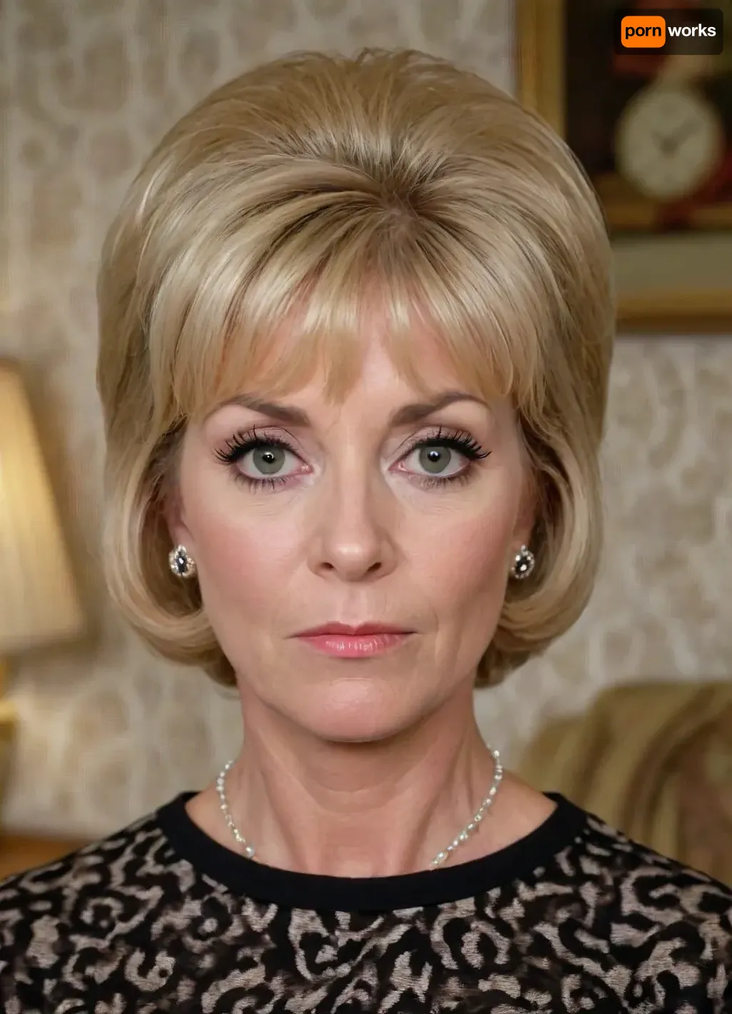 1960's, UK housewife, 55 years old, mature woman, bouffant, blond bob with bangs hair style, looking worried, ((mascara streaked tearsin)), a suburban living room, <lora:panty_pull:.8>