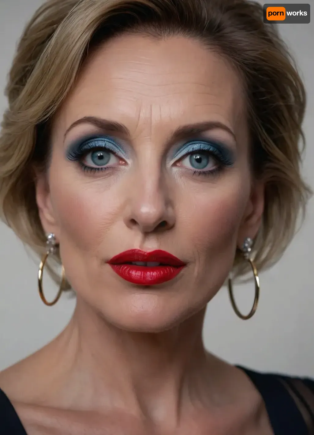 Mature slut, glamourous 55 years old, bouffant, long face, skinny face, (bulbous nose:1.2), thick lips, cherry lipstick, black eye liner, blue eye shadow, hoop earrings, white backdrop, dynamic, lighting, <lora:Dynamic_Lighting_by_Stable_Yogi_SDXL3_v1:.8>