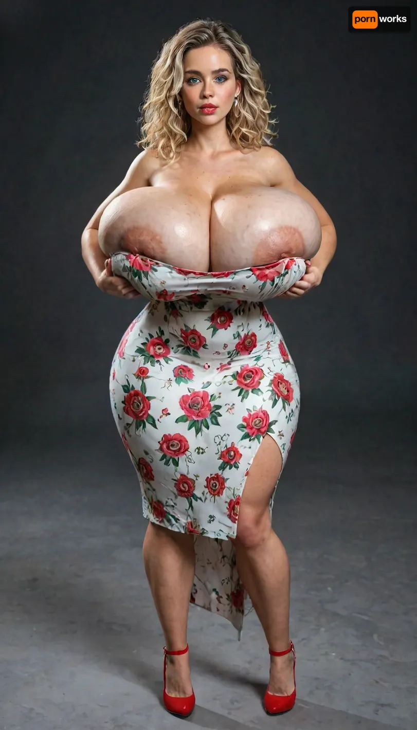 blonde virgin princess, (huge rounded breast expansion:1.3), hyper enormous colossal rounded breast expansion, (extremely colossal rounded breasts:1.3), gigantic colossal hyper breasts, (hyper massive giant breasts:1.3), gigantic boobs, (oversize massive tits:1.3), hyper massive giant breast, (unbelievable giant breast expansion:1.3), rounded breast, bare breasts, hyper rounded bubble butt, hyper wasp waist, lean, perfect puffy pink areolas, extremely beautiful, perfect face, beautiful face, large blue eyes, pouting lips, classy bimbo, round face, round cheeks, pointy chin, sexy, model, gorgeous, stunning, jewelry, clothing extremely tight, floral print sundress, red high heels, deep neckline, squeezing breasts, seductive, inviting, dynamic sexy pose, dusk, cinematic lighting, hdr, highly detailed, exaggerated wasp waist, hyper huge wide hips, hyper wide hips, exceptionally exaggerated rounded hips, full body view, <lora:detailed_notrigger:2>, <lora:LCMTurboMix_Euler_A_fix:.8>, <lora:677862_training_data:.8>, (crop, top:1), <lora:add-detail-xl:.8>