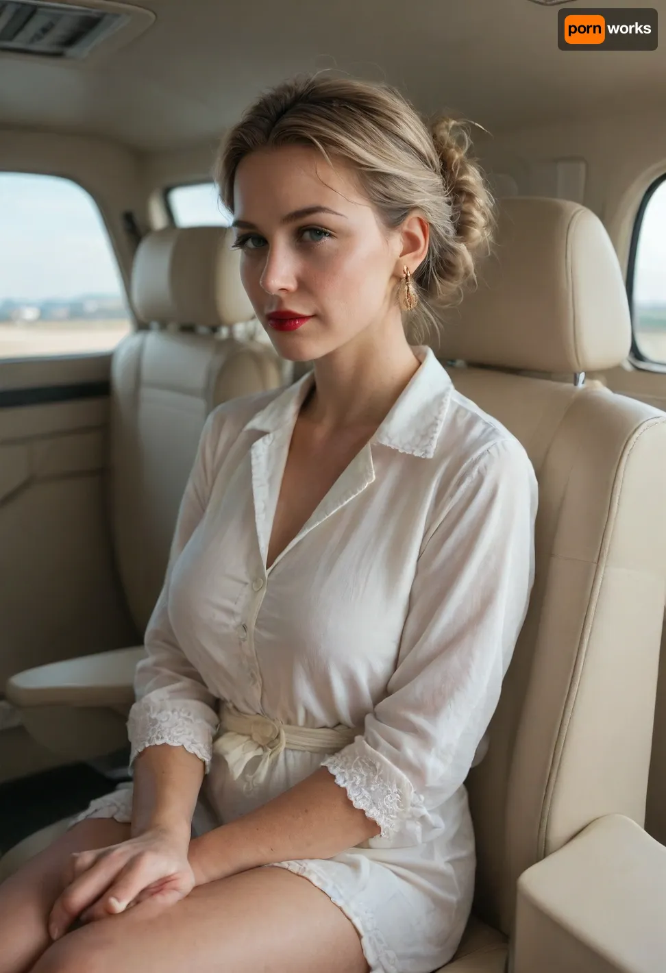 Swedish mature woman model 45 yeas old, blonde hair, sitting in airplane Concorde in a chair, wearing old granny white blouse, African men visible in background in plane, red lipstick, round golden earrings