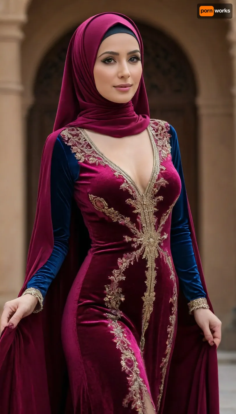 35-year-old beautiful Muslim woman in a tight-fitting colourful velvet abaya, the clothed velvet abaya is slightly see-through, in a colourful hijab, sexy body, perfect breasts, fitness figure, woman, in, abaya, 4K HD visual, Realistic, r, mar00nv3lv3t, long, sleeves, dress, standing, full, body, maroon, velvet, see-through