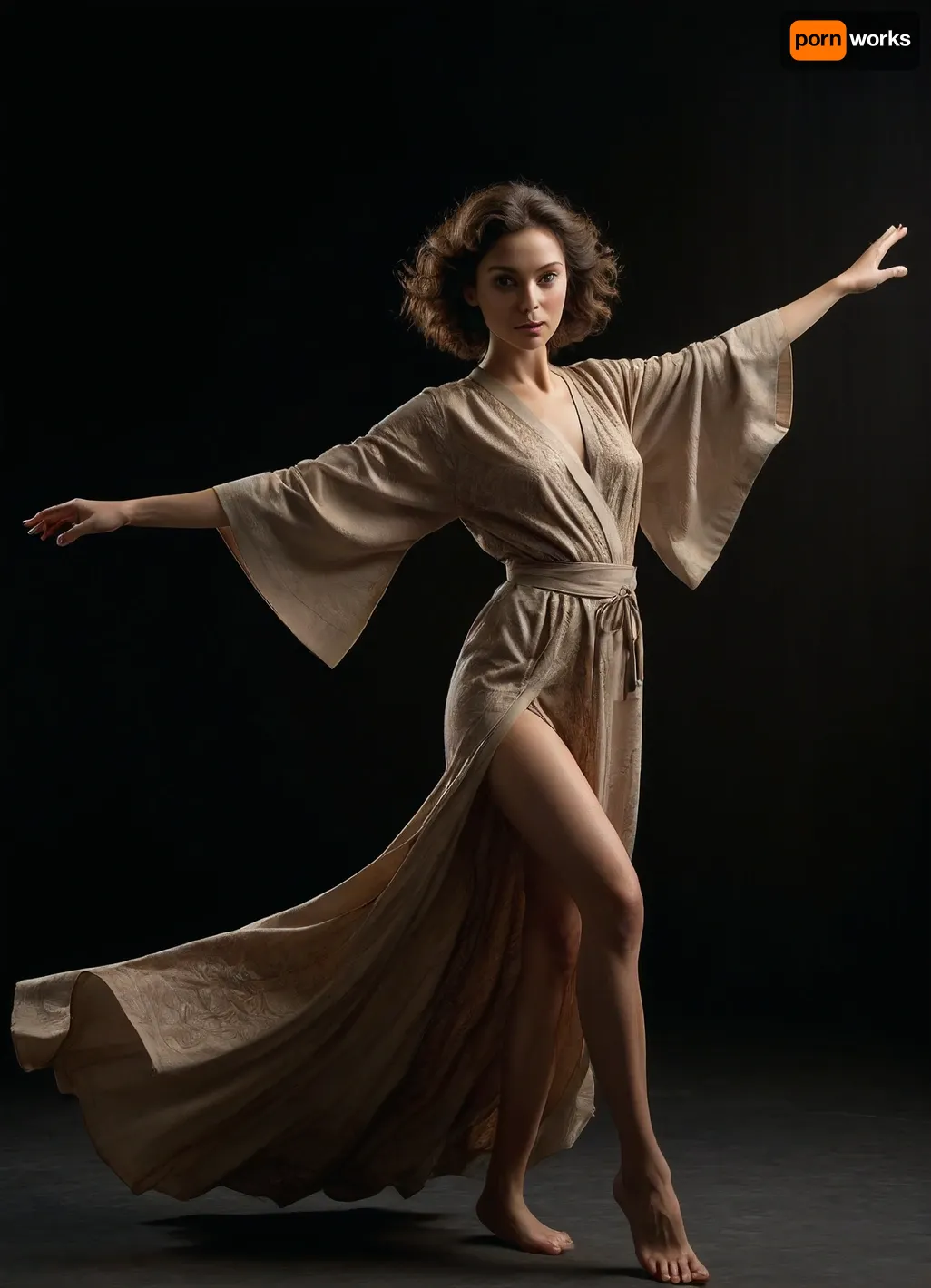 A high-quality studio photo with a dark background and excellent lighting is a perfectly balanced frame, where every element is thought out to the smallest detail. The dark background creates a deep contrast and allows the subject to stand out, attracting the viewer's attention.

The lighting is professional, multiple light sources are used to provide uniform and soft illumination of the object, minimizing shadows and emphasizing texture and details. The color temperature and light intensity are selected to maximize the beauty and expressiveness of the object. The image portrays a mature woman flying on a mechanical bird, contrasting with a futuristic cityscape and Tatooine's desolate landscape. Her features include an oval face, expressive light brown eyes, and a delicate yet assertive appearance. She has an almost perfect physique, with a slender figure and long, dark brown hair styled in loose curls.

Dressed in a luxurious robe with intricate patterns, her movements are fluid and poised, reminiscent of dance. The background is minimal, keeping the focus on her and the artist's skill. This sketch, created by NTY and utilizing Lora models, combines traditional artistry with cutting-edge technology, creating a visually compelling and conceptually rich work.