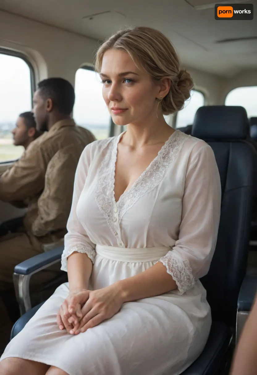 Swedish mature woman model 45 yeas old, blonde hair, sitting in airplane Concorde in a chair, wearing old granny white blouse, African men visible in background in plane