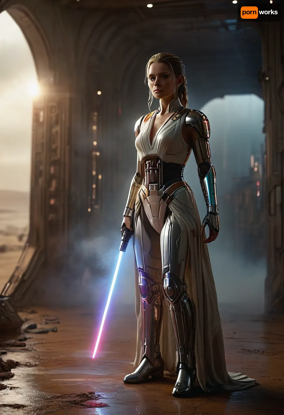 Star Wars Style, heroic full body portrait of a female dignified solo Jedi Warrior, standing in huge spaceport on desert planet, ready to attack, highly detailed Jedi costume, slender, slim waist, long blonde matted dreadlocks, flat breasted, sweating skin, dirt, perfect tanned skin, lucky charm necklace, (perfect lightsaber:1.5), perfect hands, belt, highly detailed face, desert, floating warm sunlight, Background, (millennium falcon), R2-D2, shipyard, many droids Background, many droids, intricate detail, highly detailed, breathtaking, panoramic, cinematic, (3D, Framed, Woman), Macabre, DonMSp3ctr4lXL, mad-2cbrrm, mad-1cbrrm, FRESHIDEAS, Real, Photography, 2#, cloudy, smoke, atmospheric, clouds, fog, <lora:MJ52:2>, <lora:DonMSp3ctr4lXL-000008:.3>, <lora:Neon_Cyberpunk_Cyberarm_SDXL:1.8>, <lora:FRESHIDEAS Real Photography 2#:.8>, <lora:Cloudy_Style:.8>