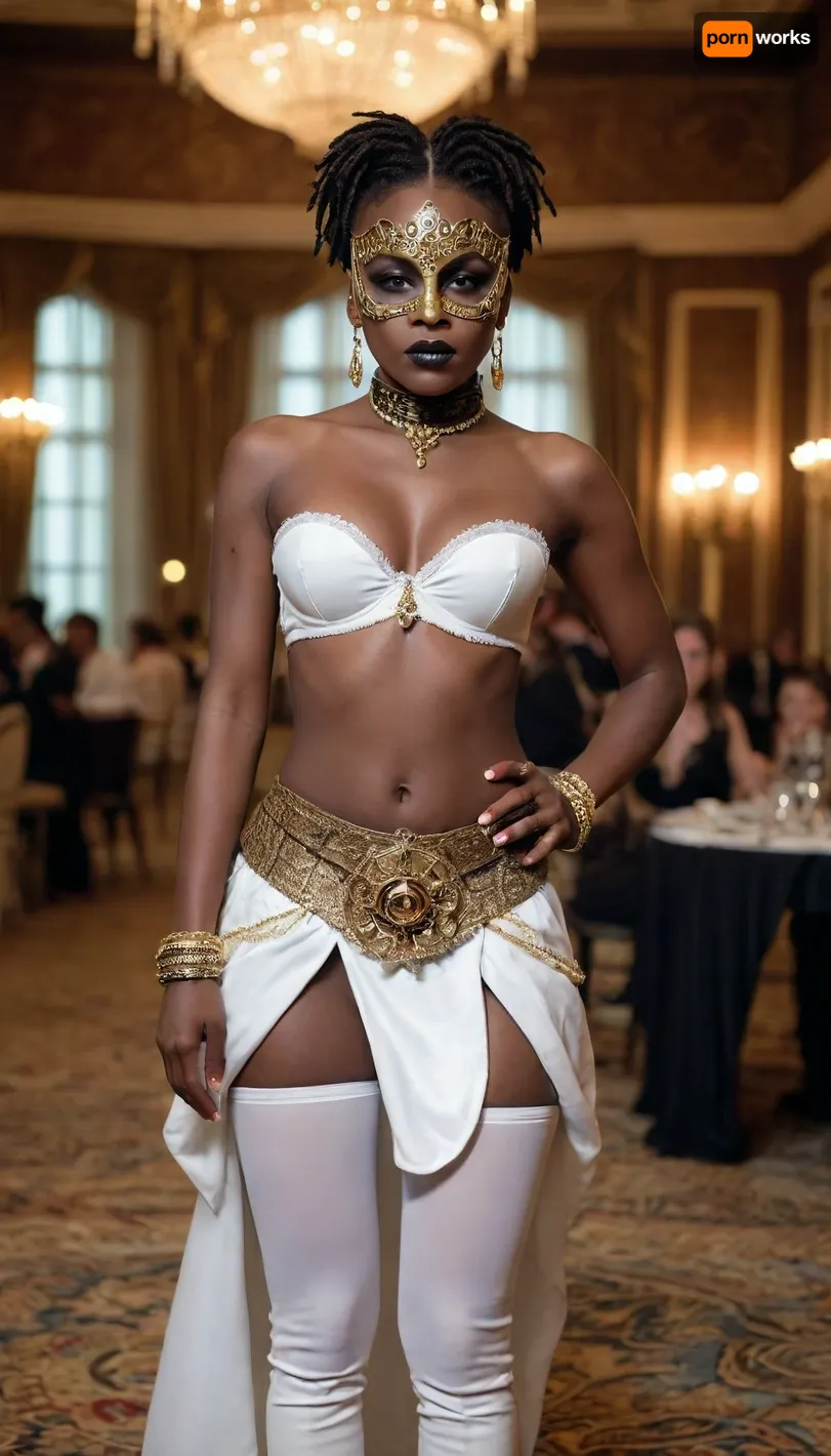 (Depp dark ebony african young woman), to a masked ball in a large ballroom, white mini skirt sexy high boots, (topless), (no bra), a white eye mask with gold decoration, medium tits